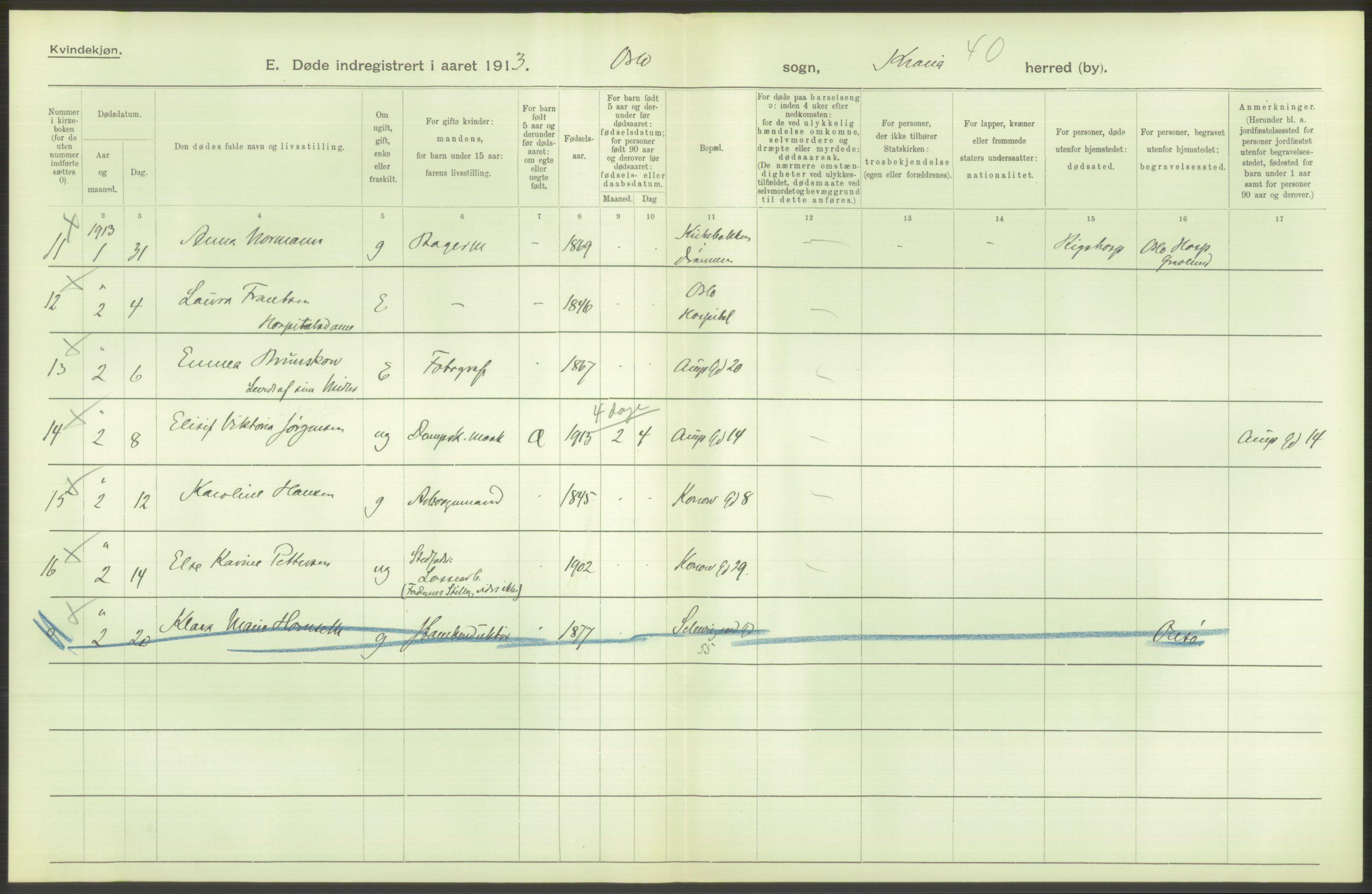 Statistisk sentralbyrå, Sosiodemografiske emner, Befolkning, RA/S-2228/D/Df/Dfb/Dfbc/L0010: Kristiania: Døde, dødfødte., 1913, p. 342