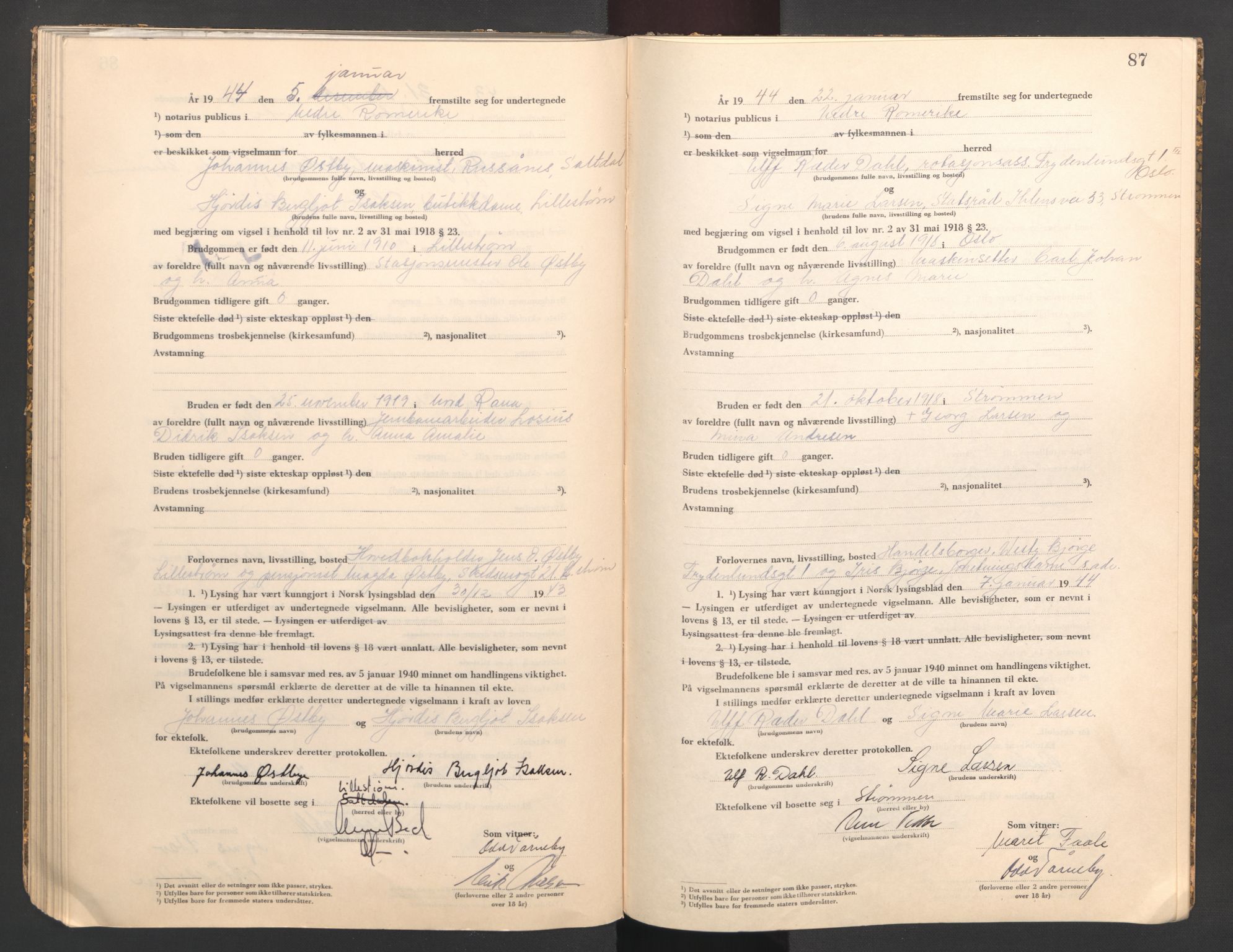 Nedre Romerike sorenskriveri, SAO/A-10469/L/Lb/L0004: Vigselsbok - borgerlige vielser, 1943-1944, p. 87