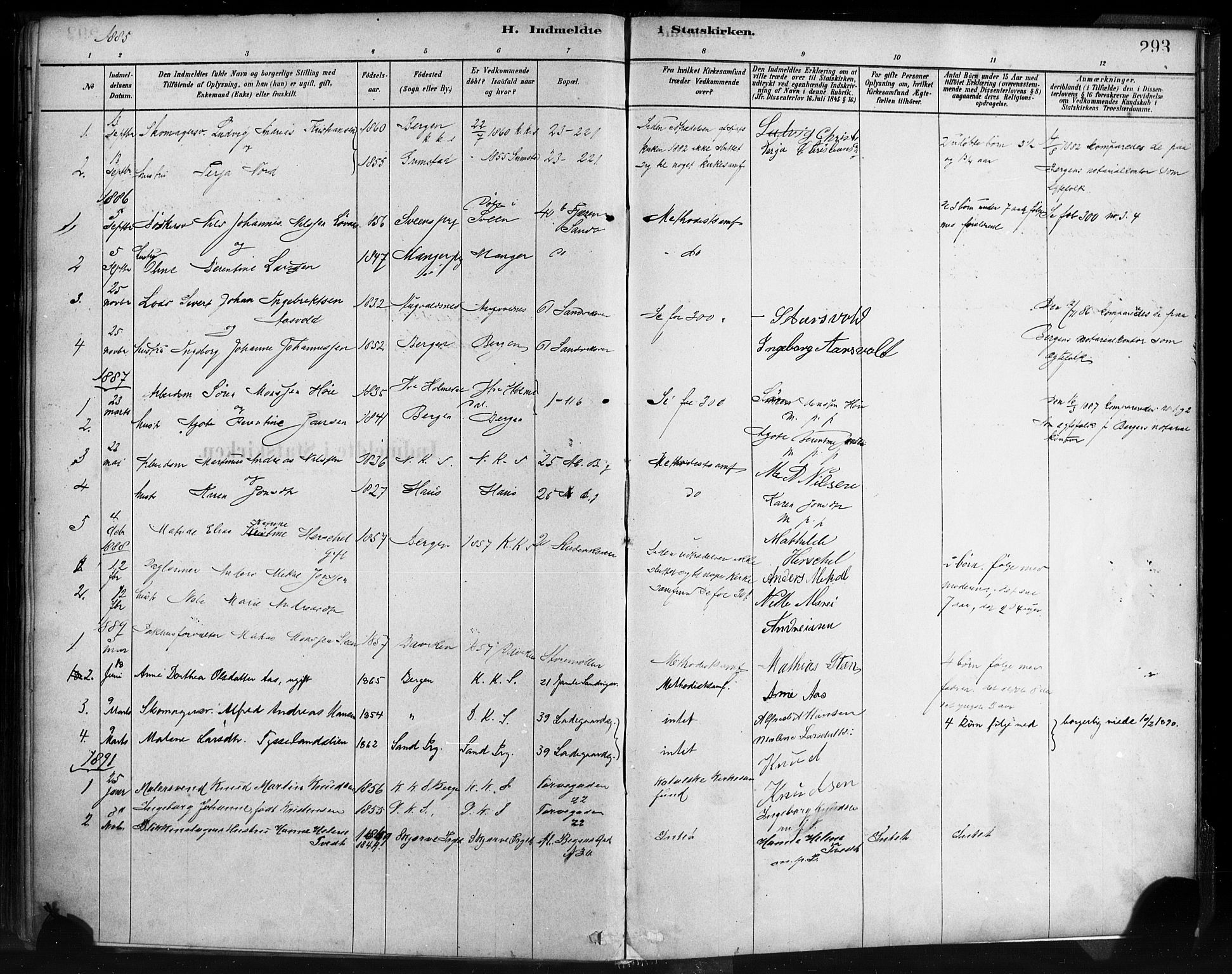 Sandviken Sokneprestembete, SAB/A-77601/H/Ha/L0004: Parish register (official) no. B 1, 1878-1891, p. 293