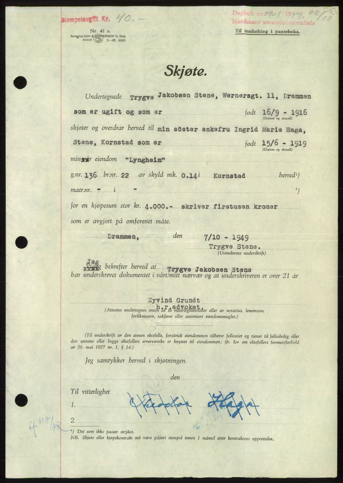 Nordmøre sorenskriveri, AV/SAT-A-4132/1/2/2Ca: Mortgage book no. A112, 1949-1949, Diary no: : 2908/1949