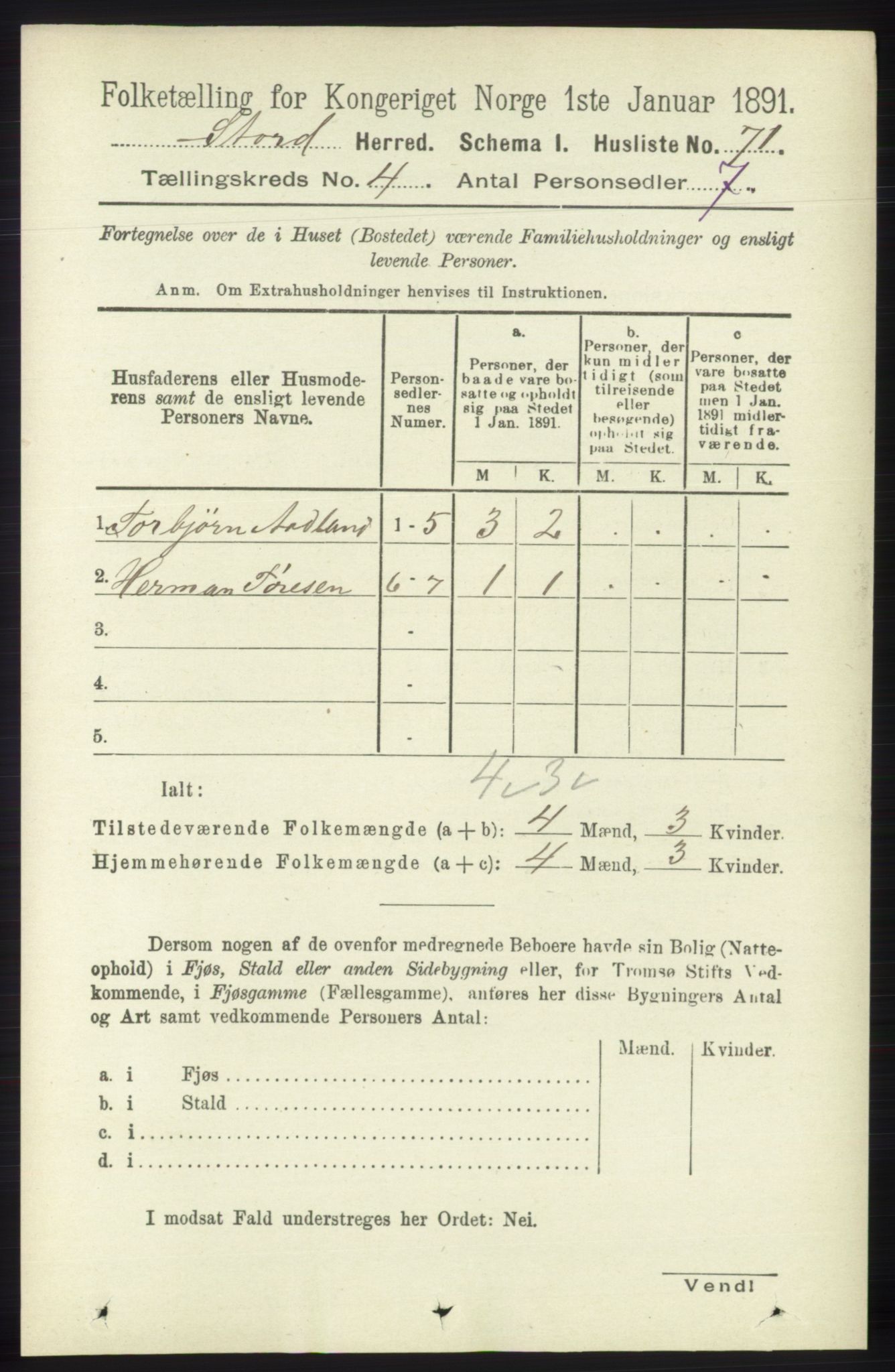 RA, 1891 census for 1221 Stord, 1891, p. 1029