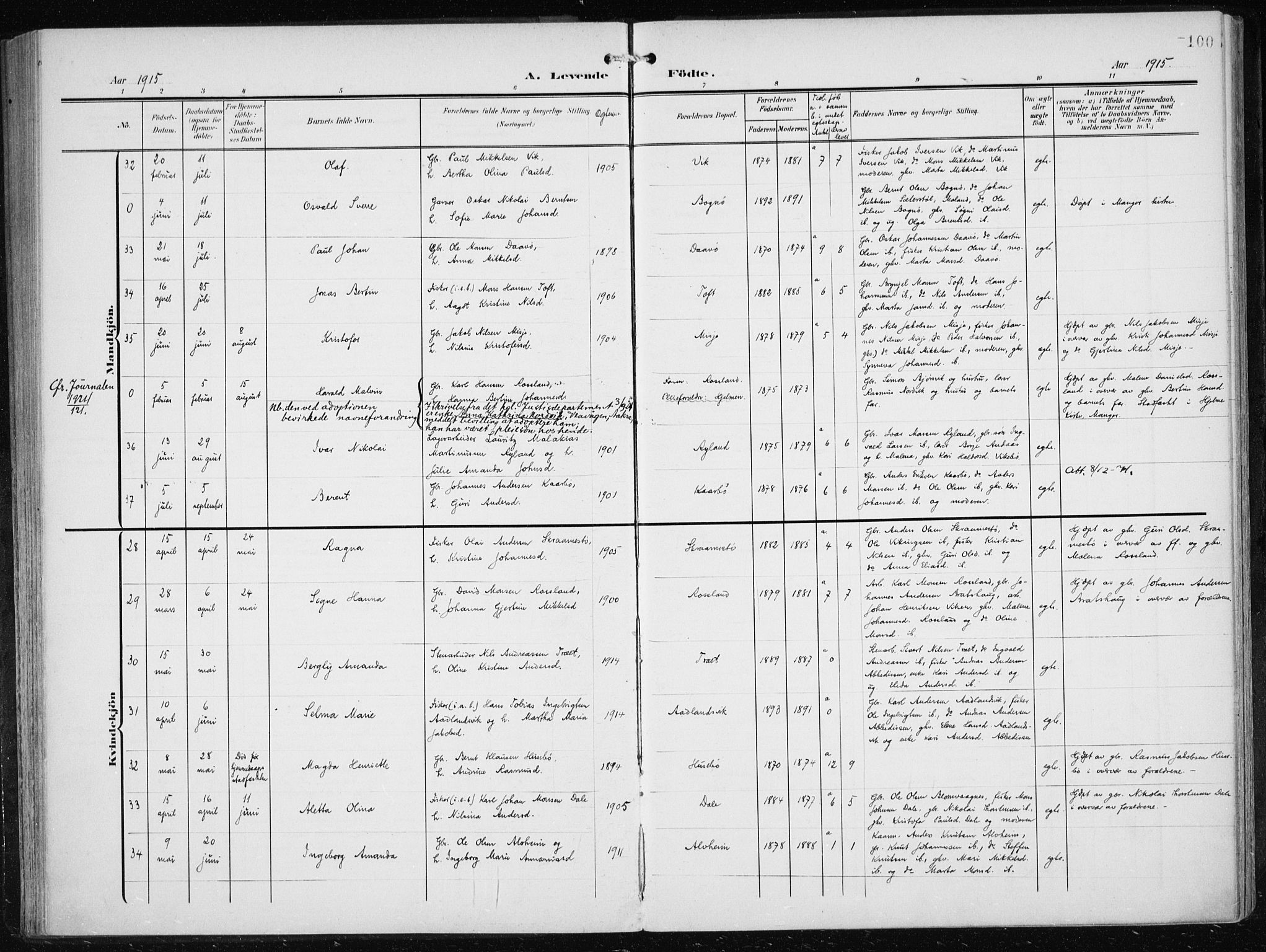 Herdla Sokneprestembete, AV/SAB-A-75701/H/Haa: Parish register (official) no. A 5, 1905-1918, p. 100