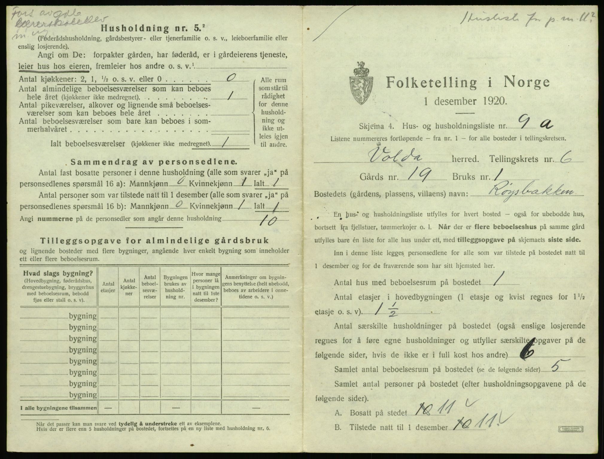 SAT, 1920 census for Volda, 1920, p. 538