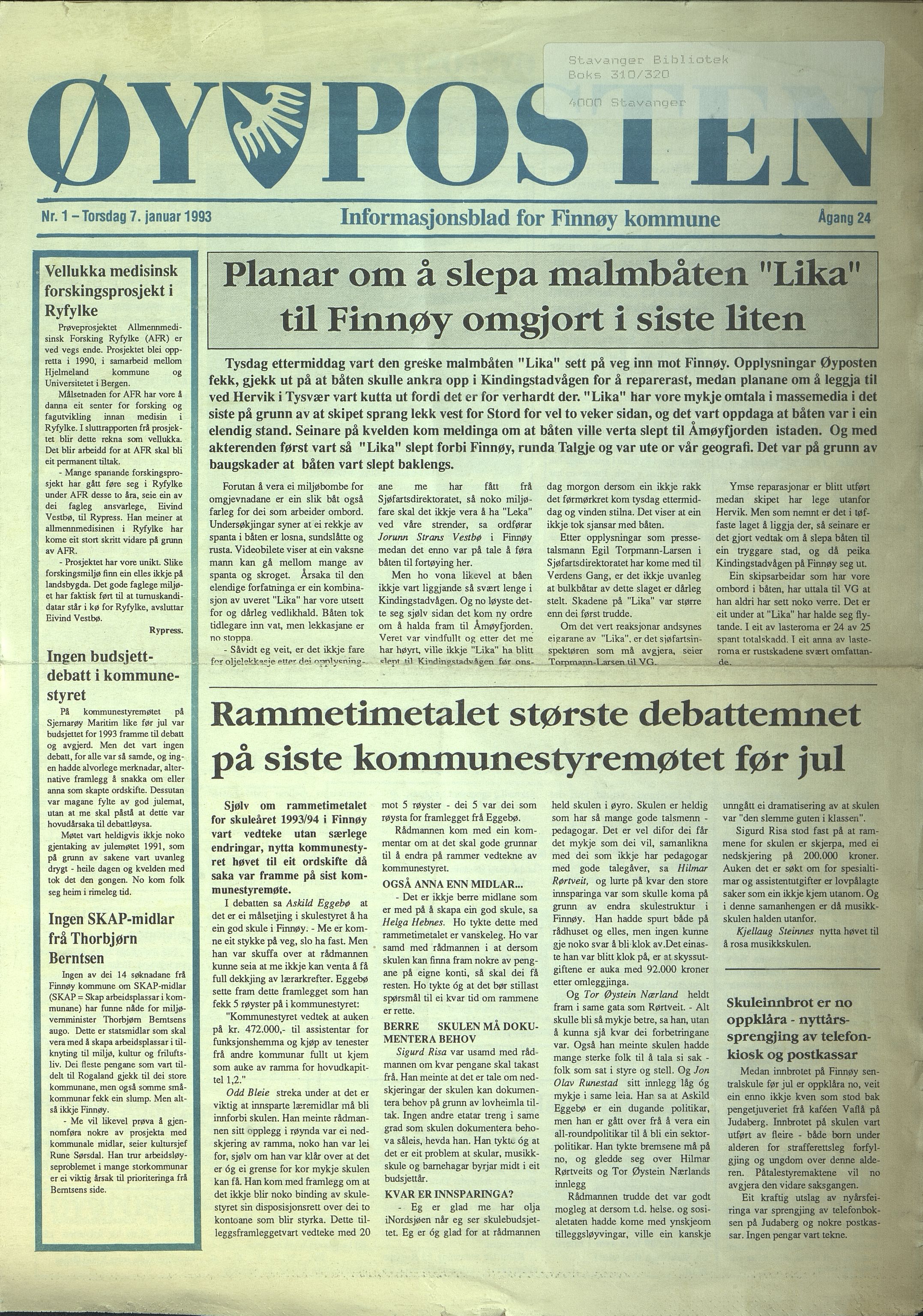 , Finnøy kommune, Øyposten, 1993, 1993