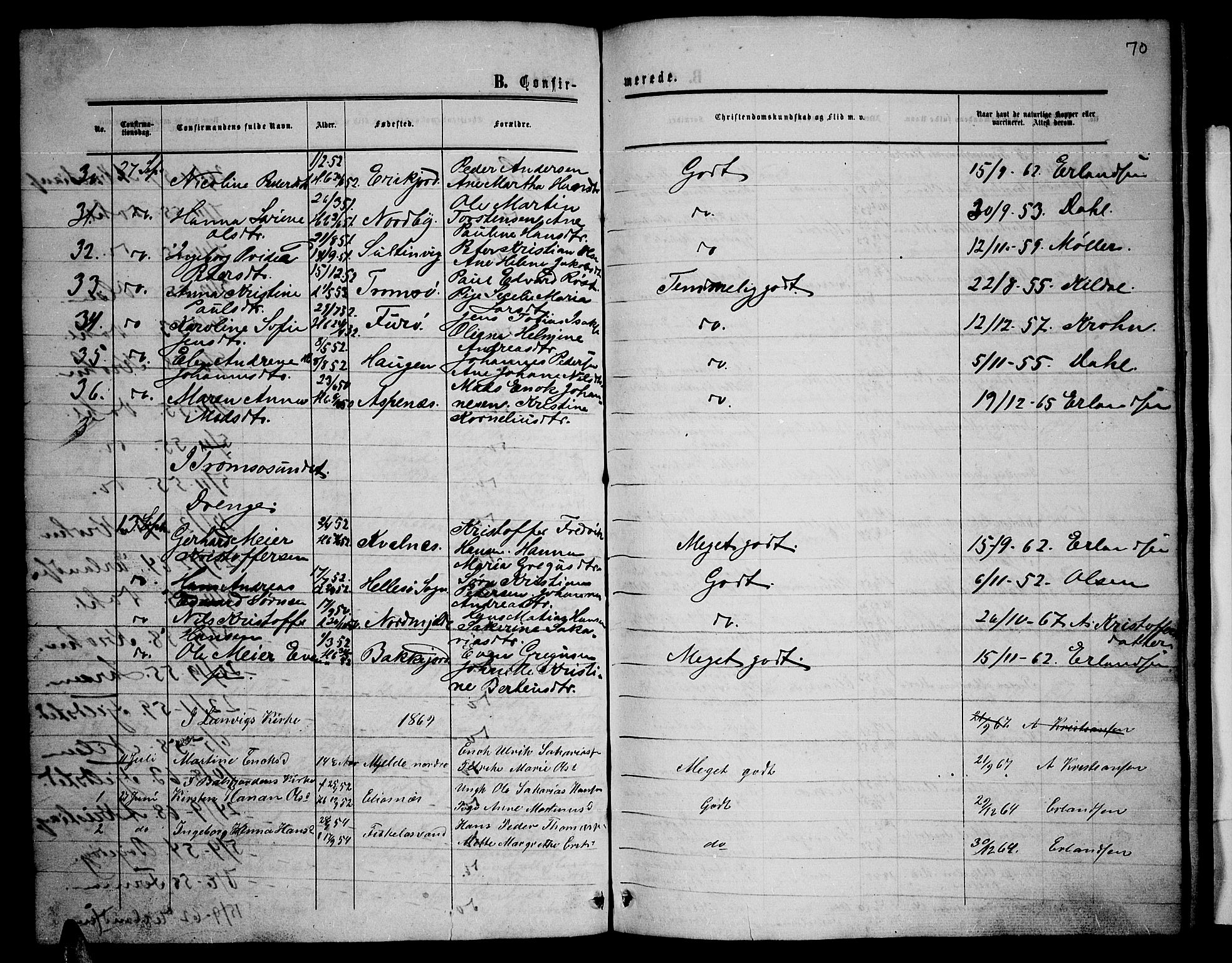 Balsfjord sokneprestembete, SATØ/S-1303/G/Ga/L0001klokker: Parish register (copy) no. 1, 1856-1869, p. 70