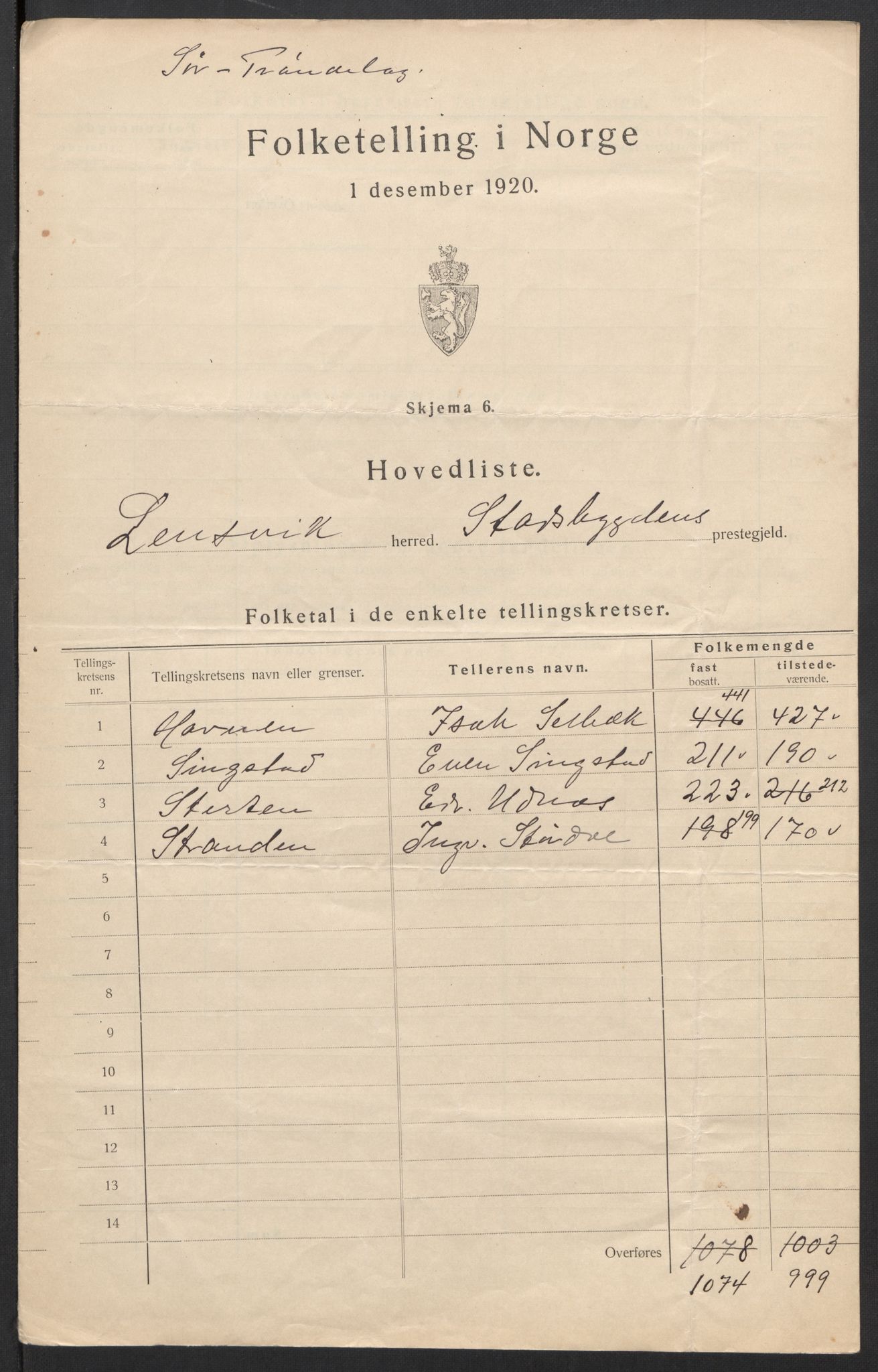 SAT, 1920 census for Lensvik, 1920, p. 3