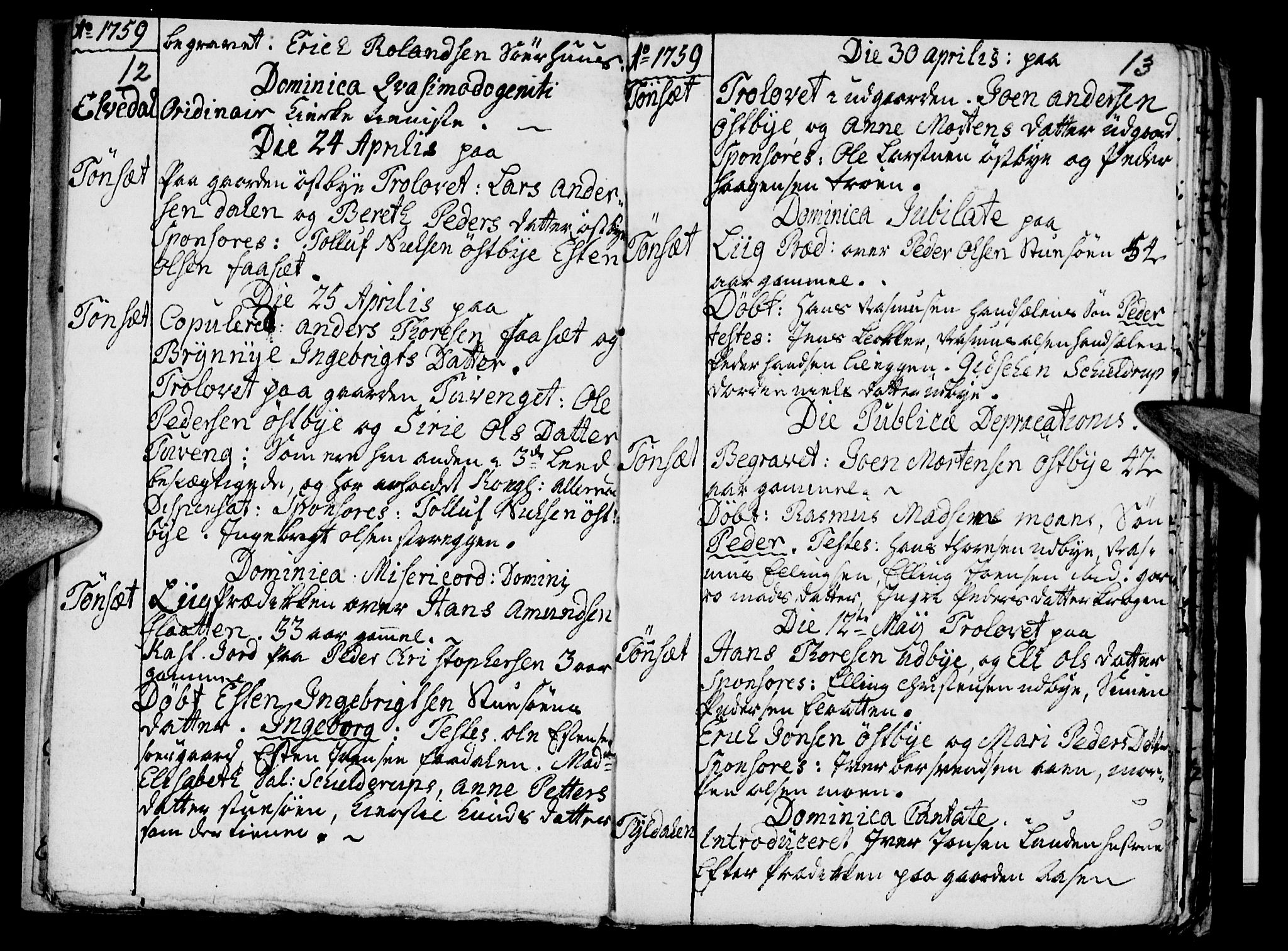 Tynset prestekontor, SAH/PREST-058/H/Ha/Haa/L0003: Parish register (official) no. 3, 1758-1762, p. 12-13