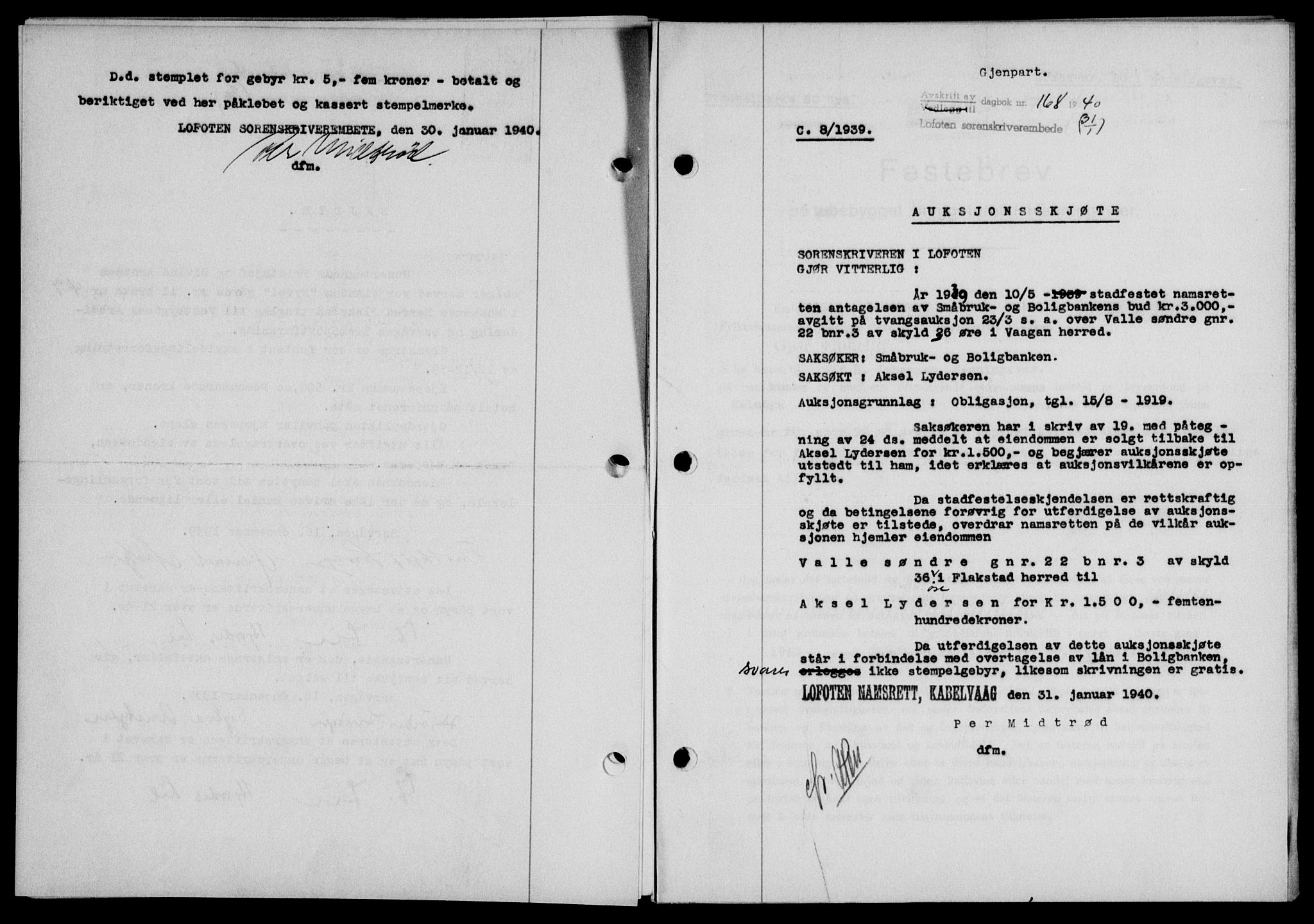 Lofoten sorenskriveri, SAT/A-0017/1/2/2C/L0007a: Mortgage book no. 7a, 1939-1940, Diary no: : 168/1940