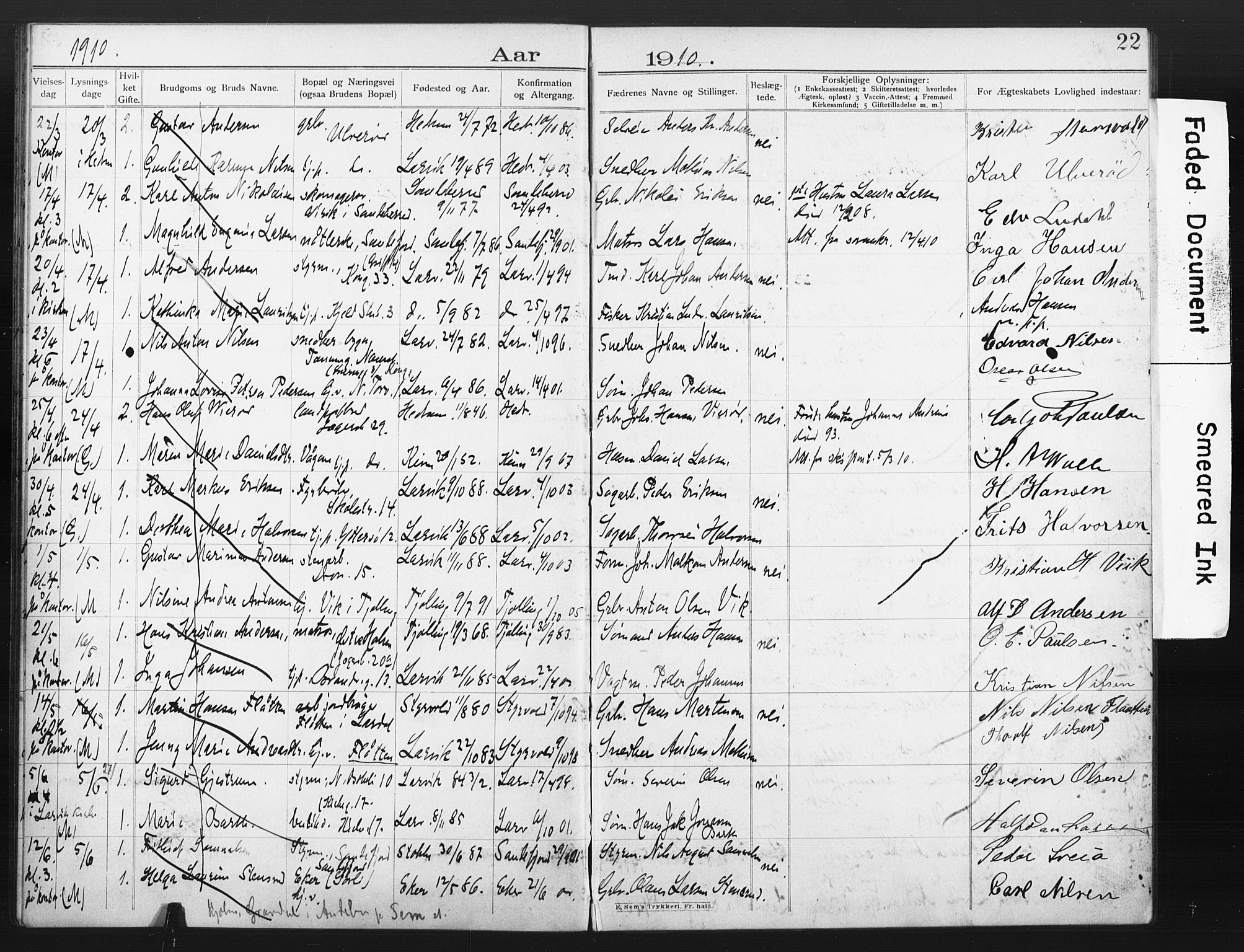 Larvik kirkebøker, AV/SAKO-A-352/H/Ha/L0003: Banns register no. 3, 1907-1918, p. 22