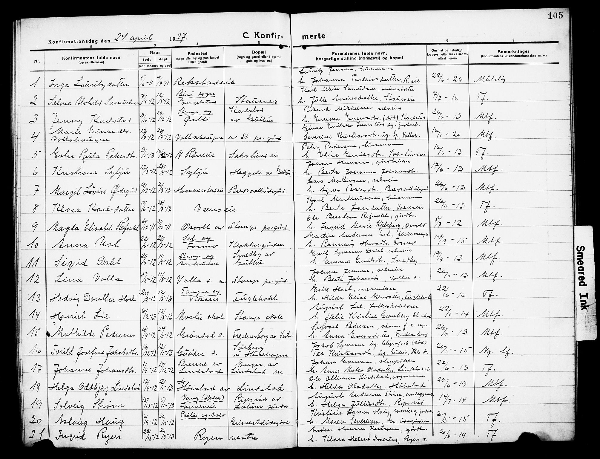 Stange prestekontor, AV/SAH-PREST-002/L/L0016: Parish register (copy) no. 16, 1918-1928, p. 105