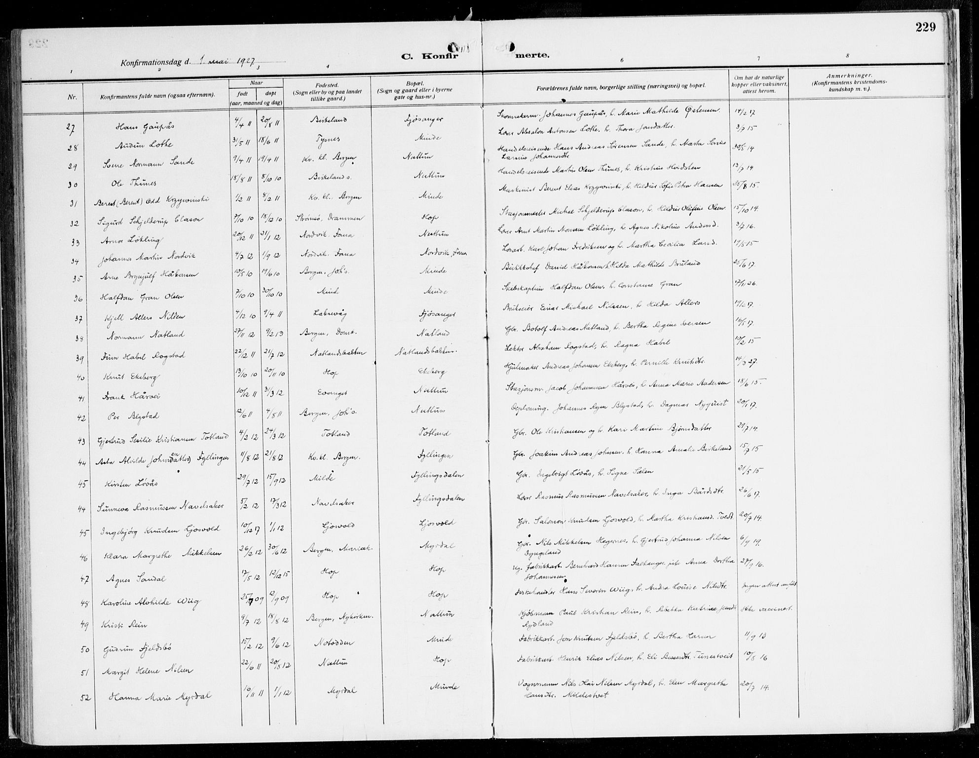 Fana Sokneprestembete, AV/SAB-A-75101/H/Haa/Haaj/L0001: Parish register (official) no. J 1, 1921-1935, p. 229