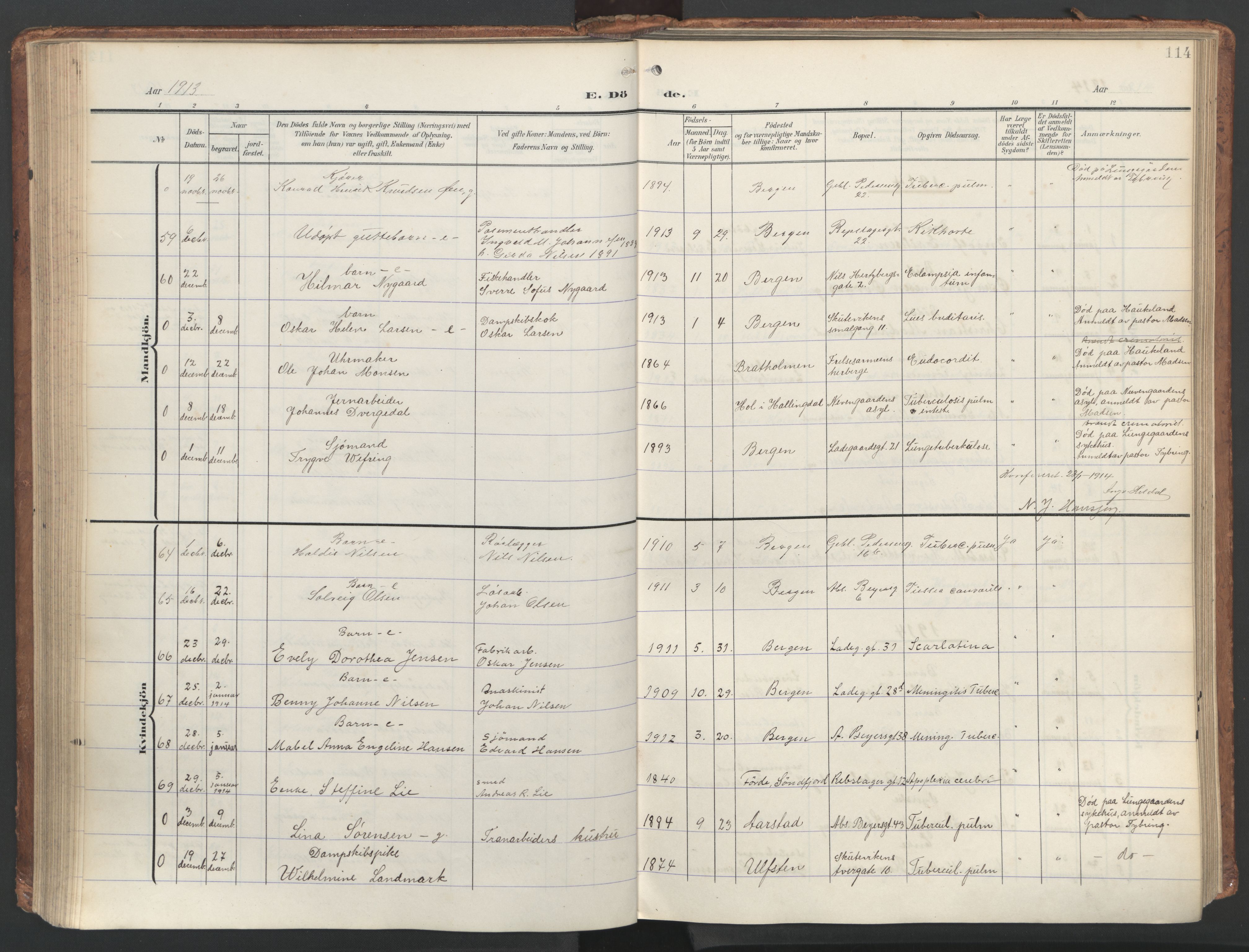 Sandviken Sokneprestembete, SAB/A-77601/H/Ha/L0019: Parish register (official) no. E 2, 1905-1933, p. 114