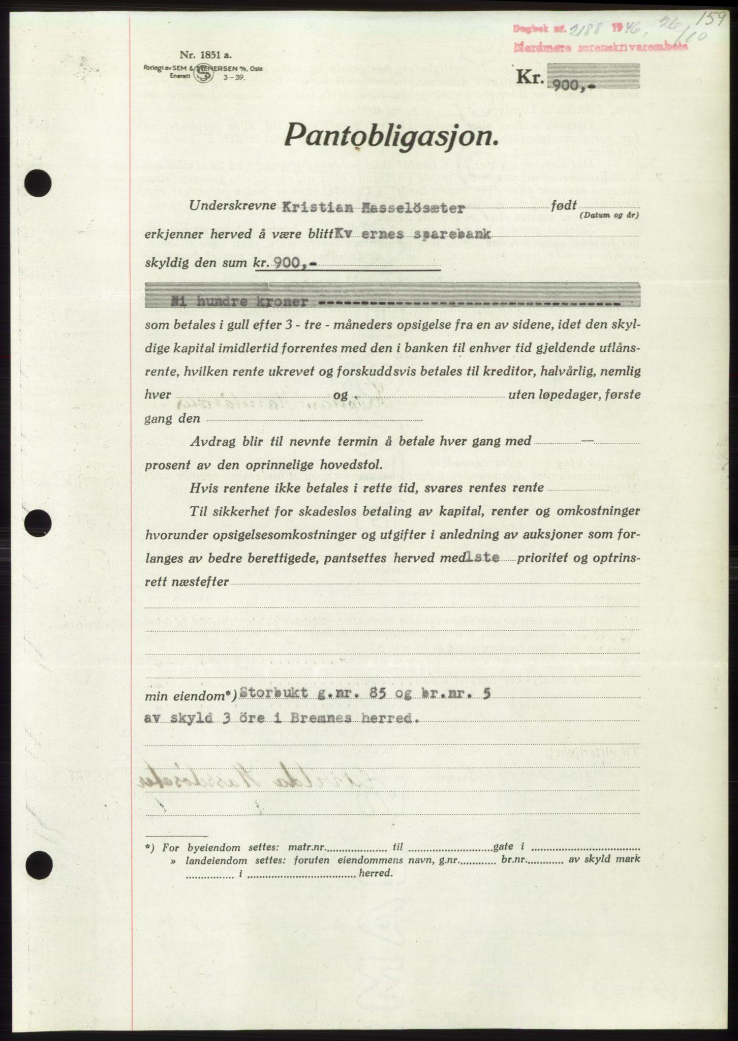 Nordmøre sorenskriveri, AV/SAT-A-4132/1/2/2Ca: Mortgage book no. B95, 1946-1947, Diary no: : 2188/1946