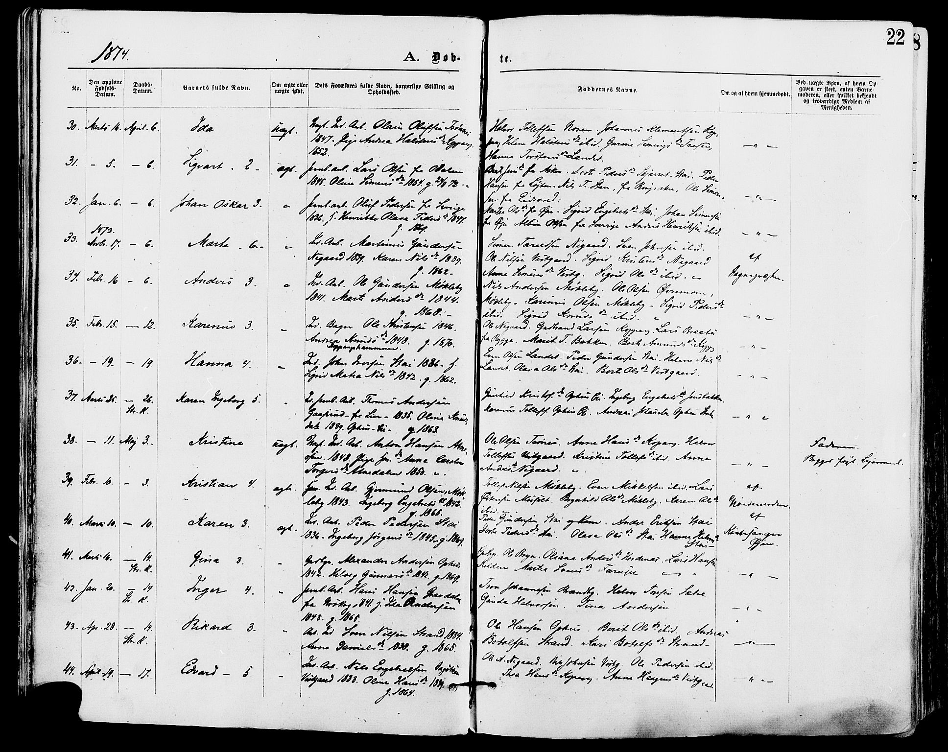 Stor-Elvdal prestekontor, AV/SAH-PREST-052/H/Ha/Haa/L0001: Parish register (official) no. 1, 1871-1882, p. 22