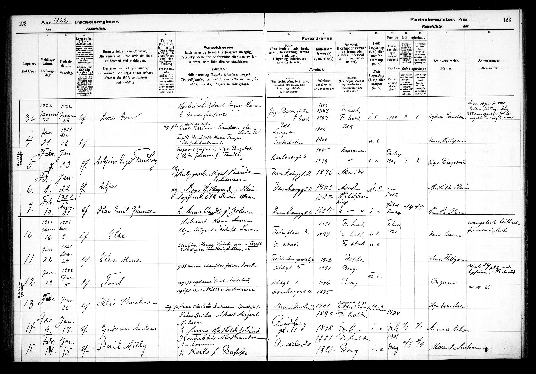 Halden prestekontor Kirkebøker, AV/SAO-A-10909/J/Ja/L0001: Birth register no. I 1, 1916-1925, p. 123