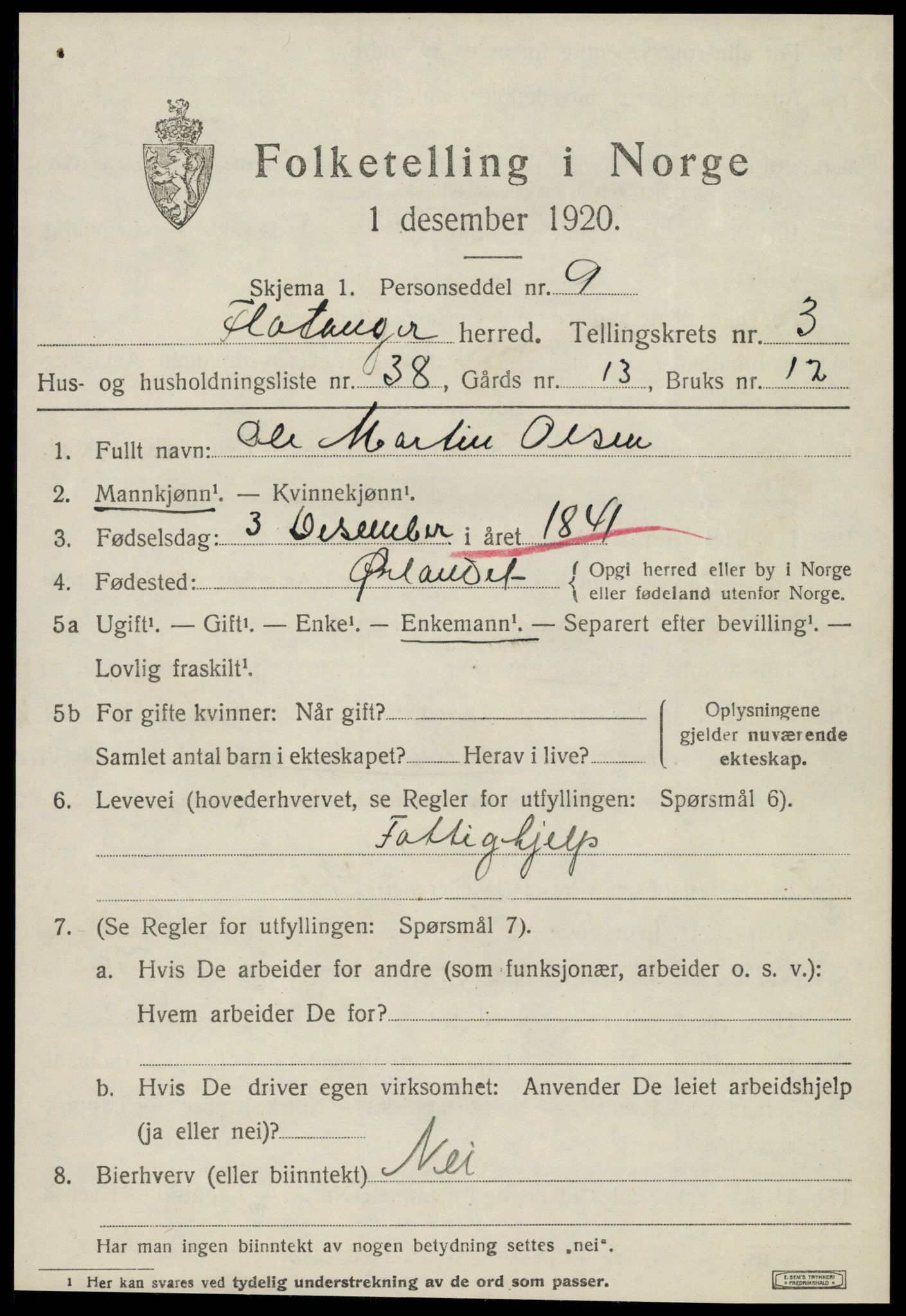 SAT, 1920 census for Flatanger, 1920, p. 2010