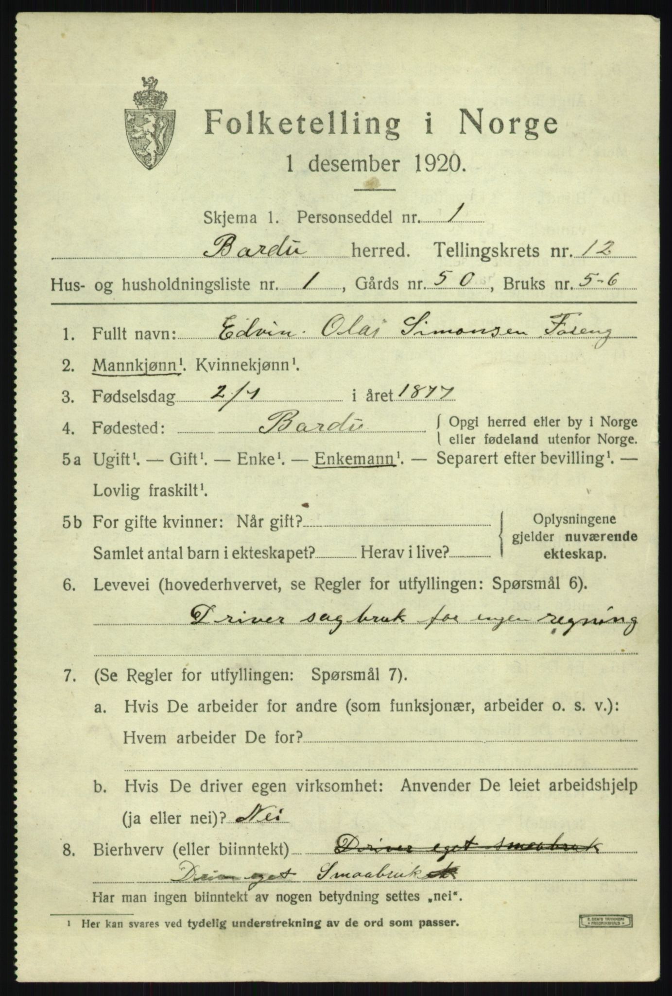 SATØ, 1920 census for Bardu, 1920, p. 3848