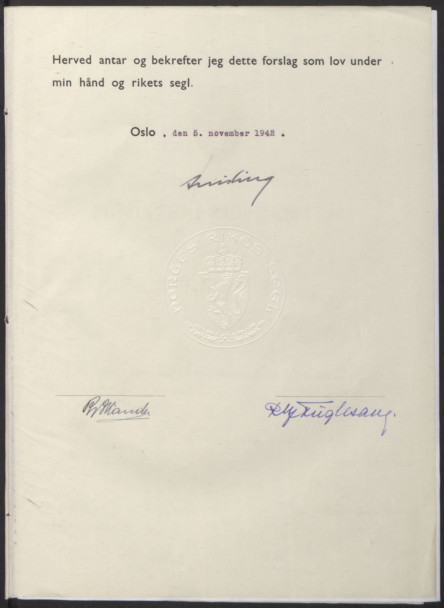 NS-administrasjonen 1940-1945 (Statsrådsekretariatet, de kommisariske statsråder mm), RA/S-4279/D/Db/L0098: Lover II, 1942, p. 496