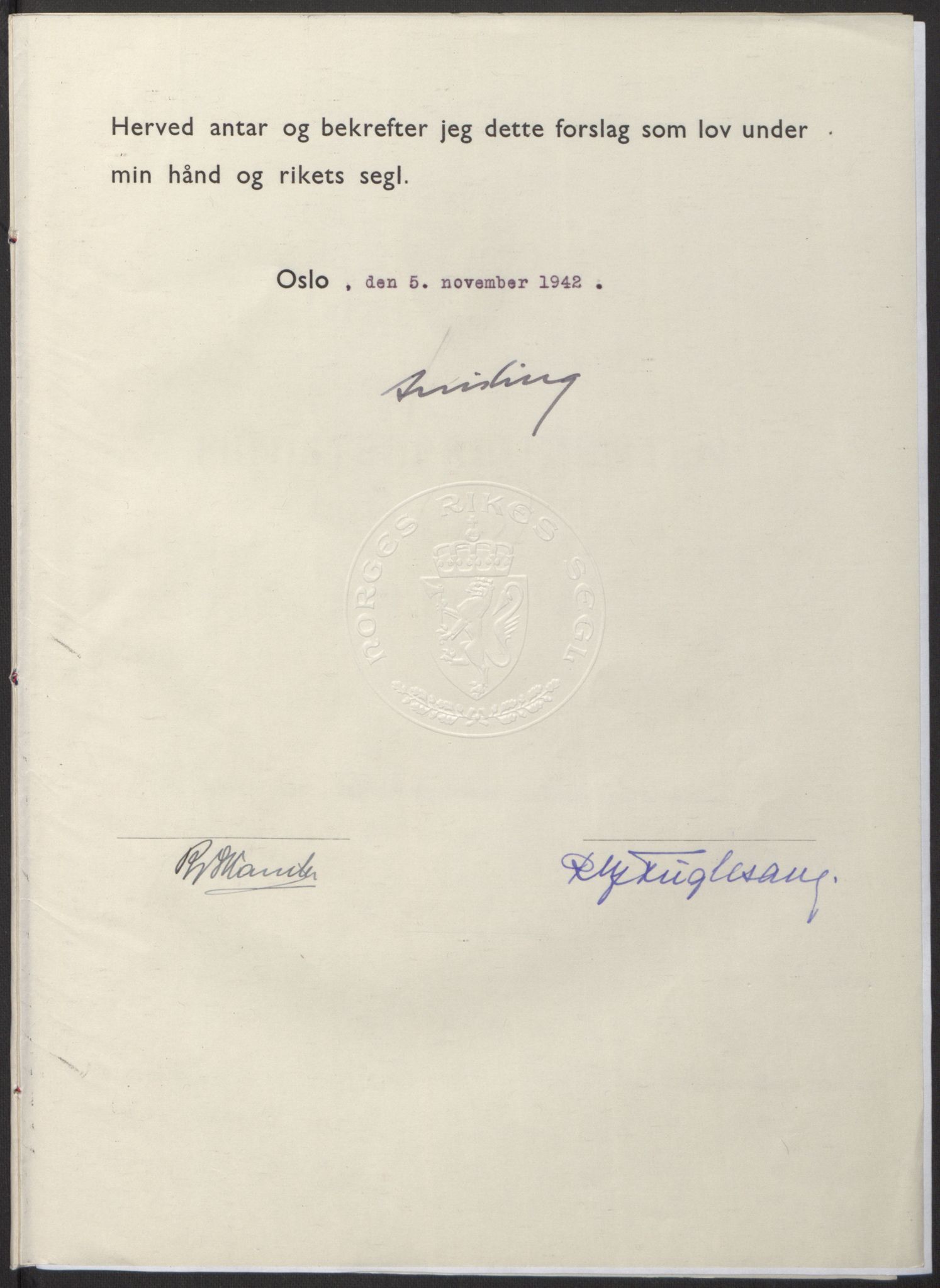 NS-administrasjonen 1940-1945 (Statsrådsekretariatet, de kommisariske statsråder mm), AV/RA-S-4279/D/Db/L0098: Lover II, 1942, p. 496