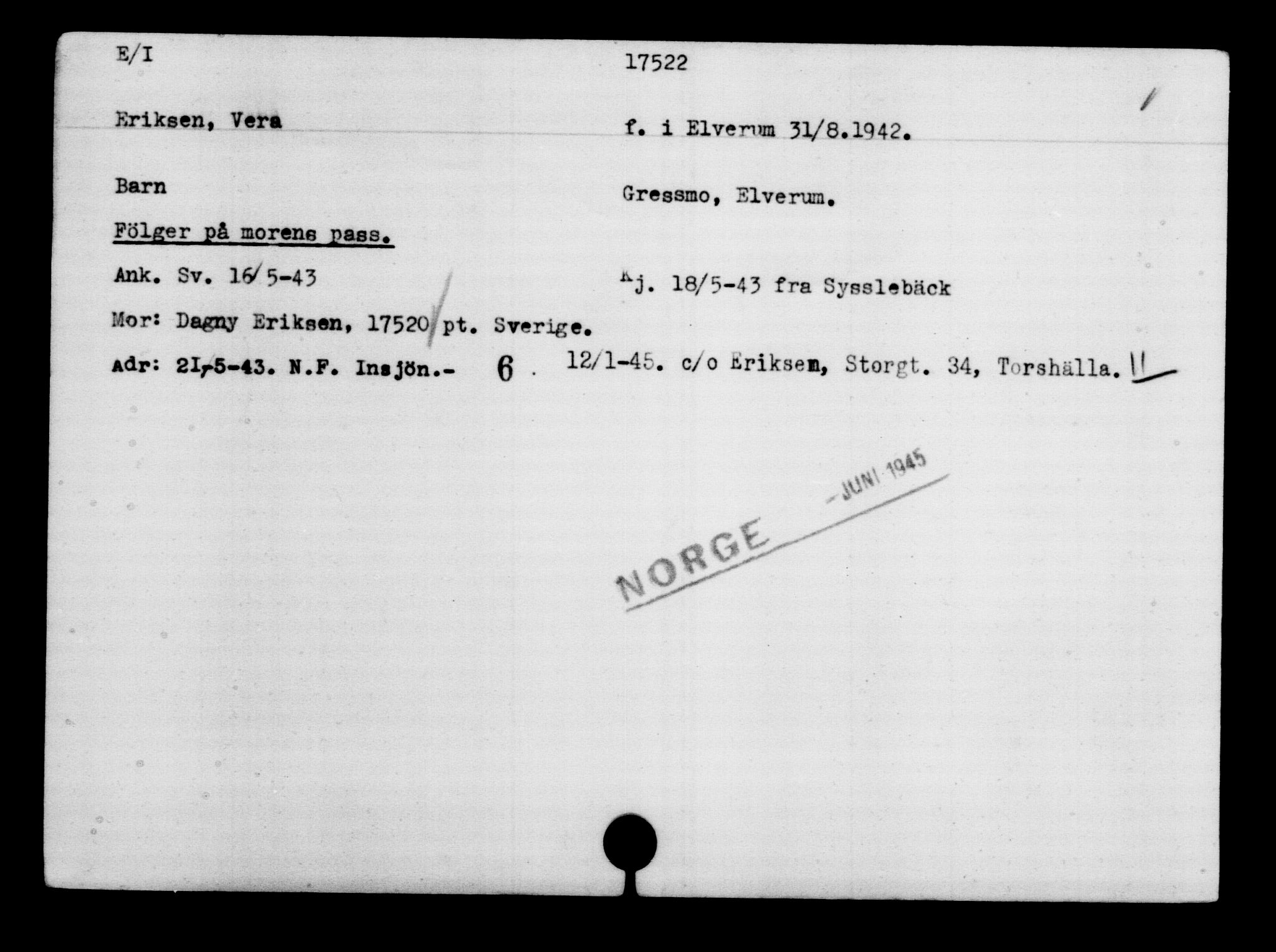 Utenriksstasjonene, Legasjonen i Stockholm, Flyktningkontoret, AV/RA-S-6753/V/Va/L0008: Kjesäterkartoteket, flyktninger med registreringsnr. 15700-18547, 1940-1945, p. 2013