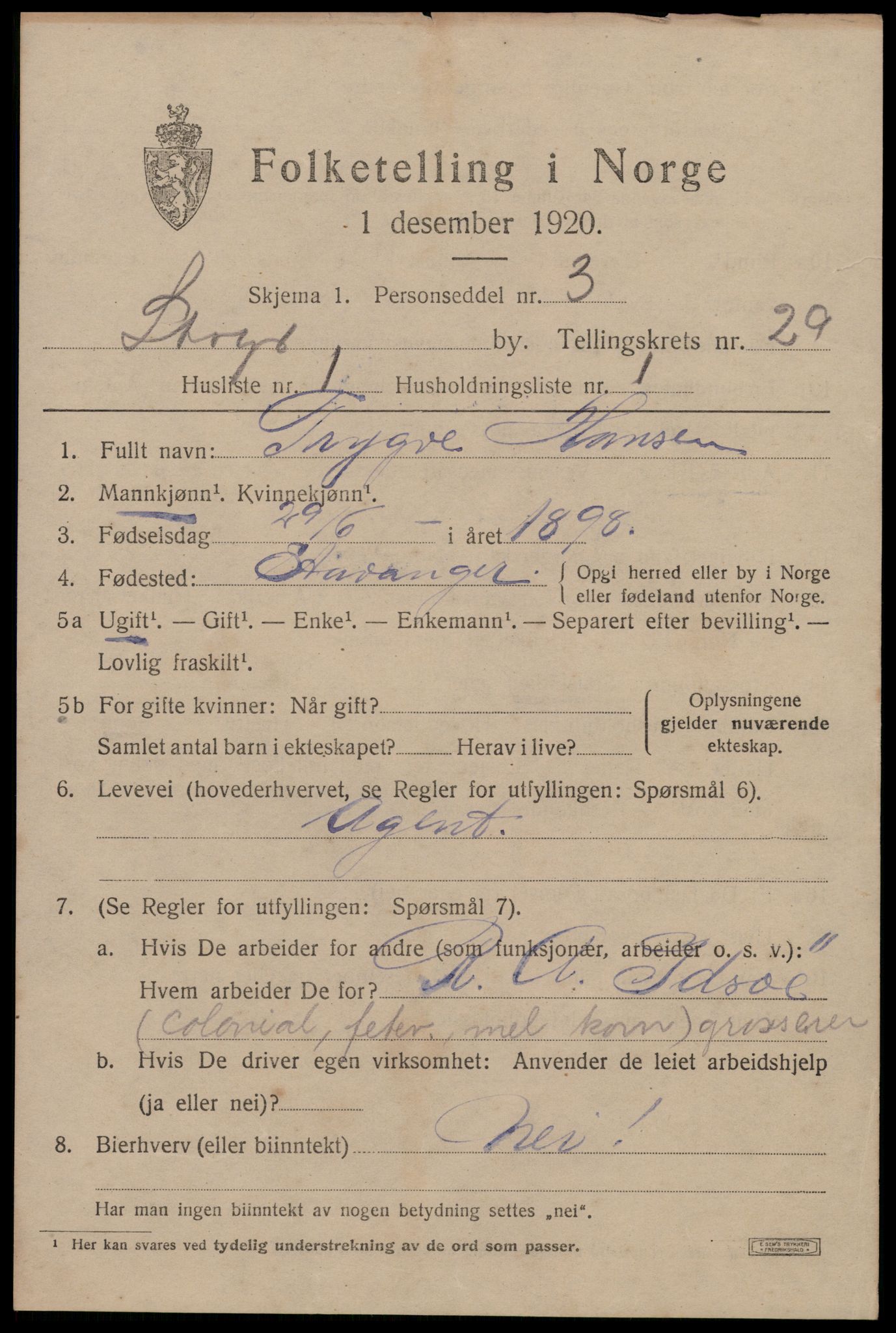 SAST, 1920 census for Stavanger, 1920, p. 82910