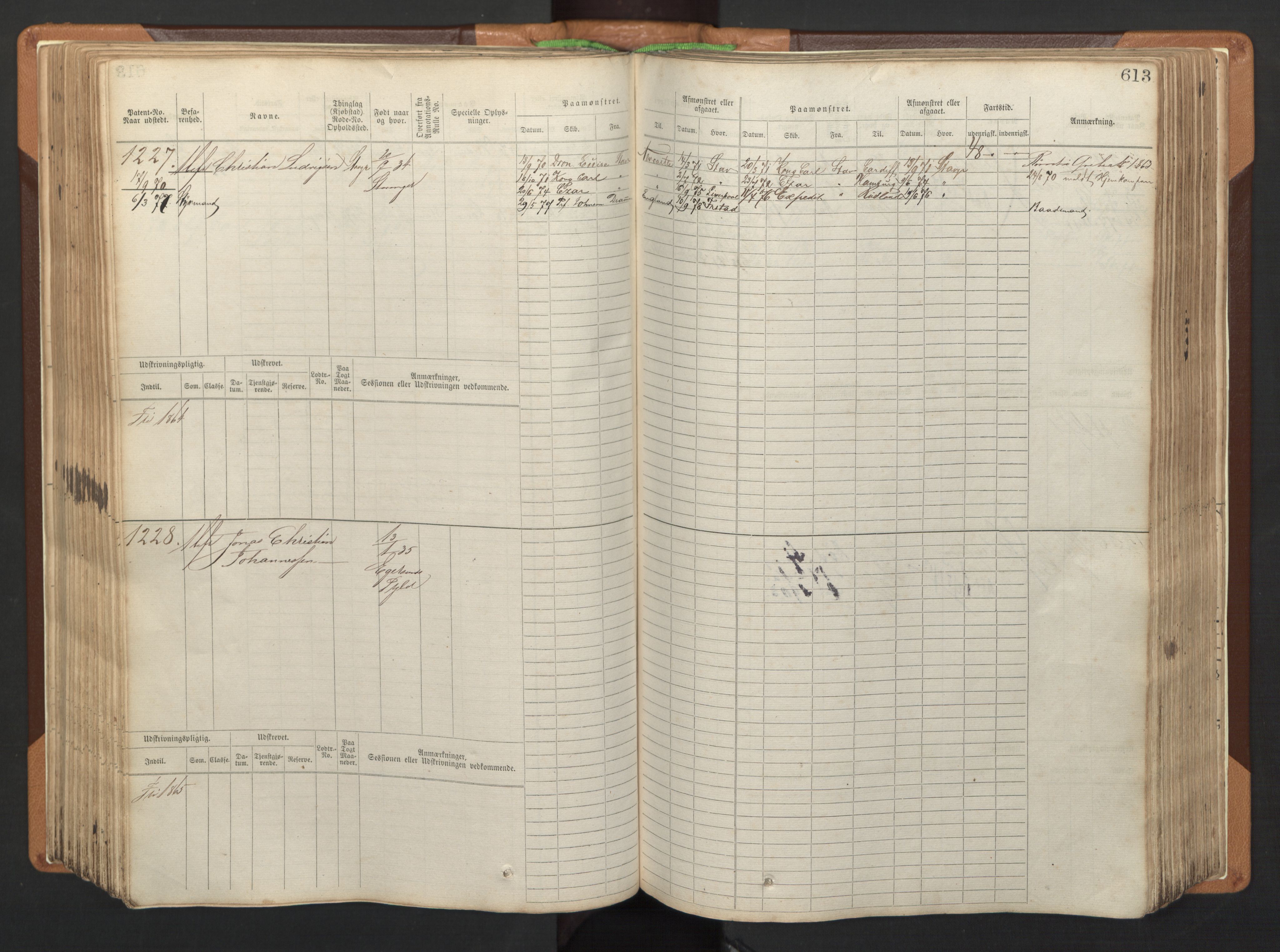 Stavanger sjømannskontor, AV/SAST-A-102006/F/Fb/Fbb/L0005: Sjøfartshovedrulle, patentnr. 793-1606 (del 2), 1869-1880, p. 223