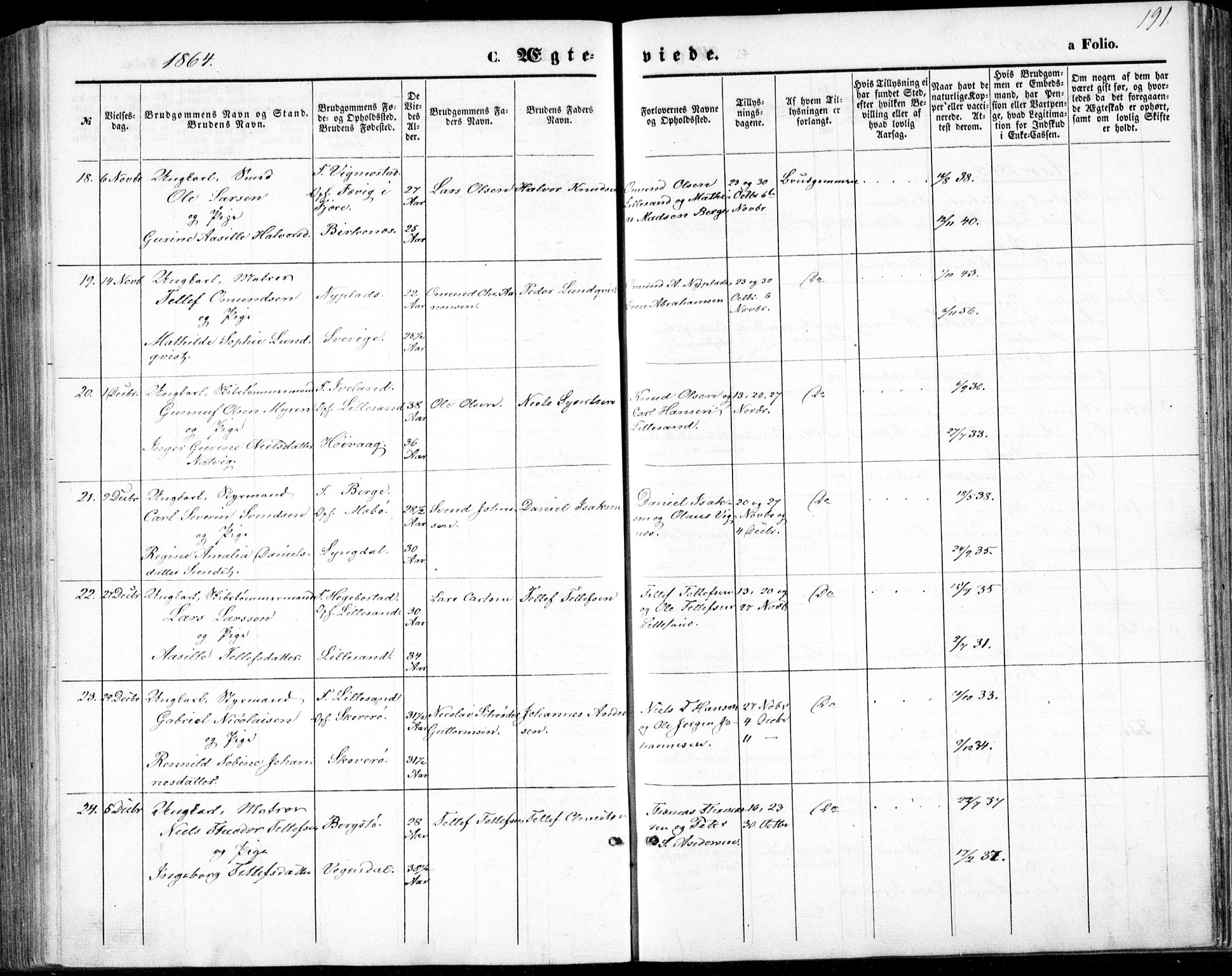 Vestre Moland sokneprestkontor, AV/SAK-1111-0046/F/Fb/Fbb/L0004: Parish register (copy) no. B 4, 1861-1872, p. 191