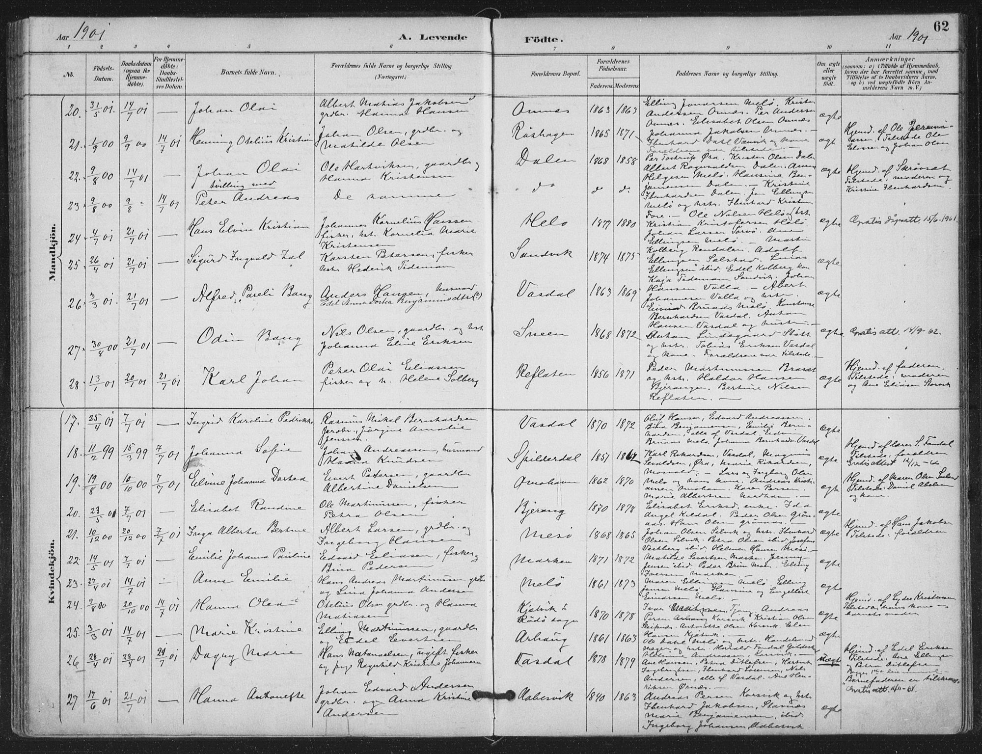 Ministerialprotokoller, klokkerbøker og fødselsregistre - Nordland, AV/SAT-A-1459/843/L0628: Parish register (official) no. 843A03, 1889-1907, p. 62