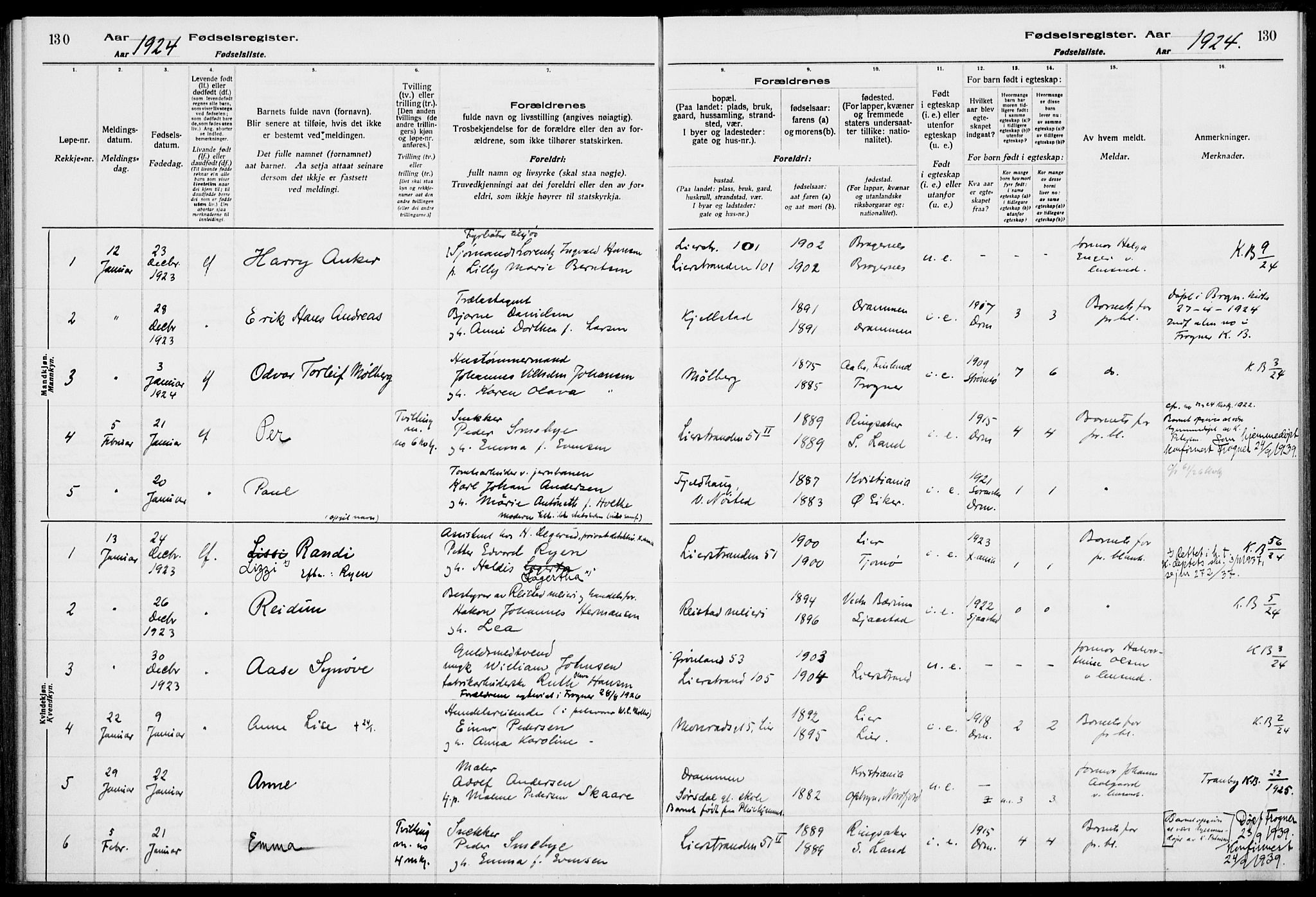 Lier kirkebøker, AV/SAKO-A-230/J/Ja/L0001: Birth register no. 1, 1916-1928, p. 130