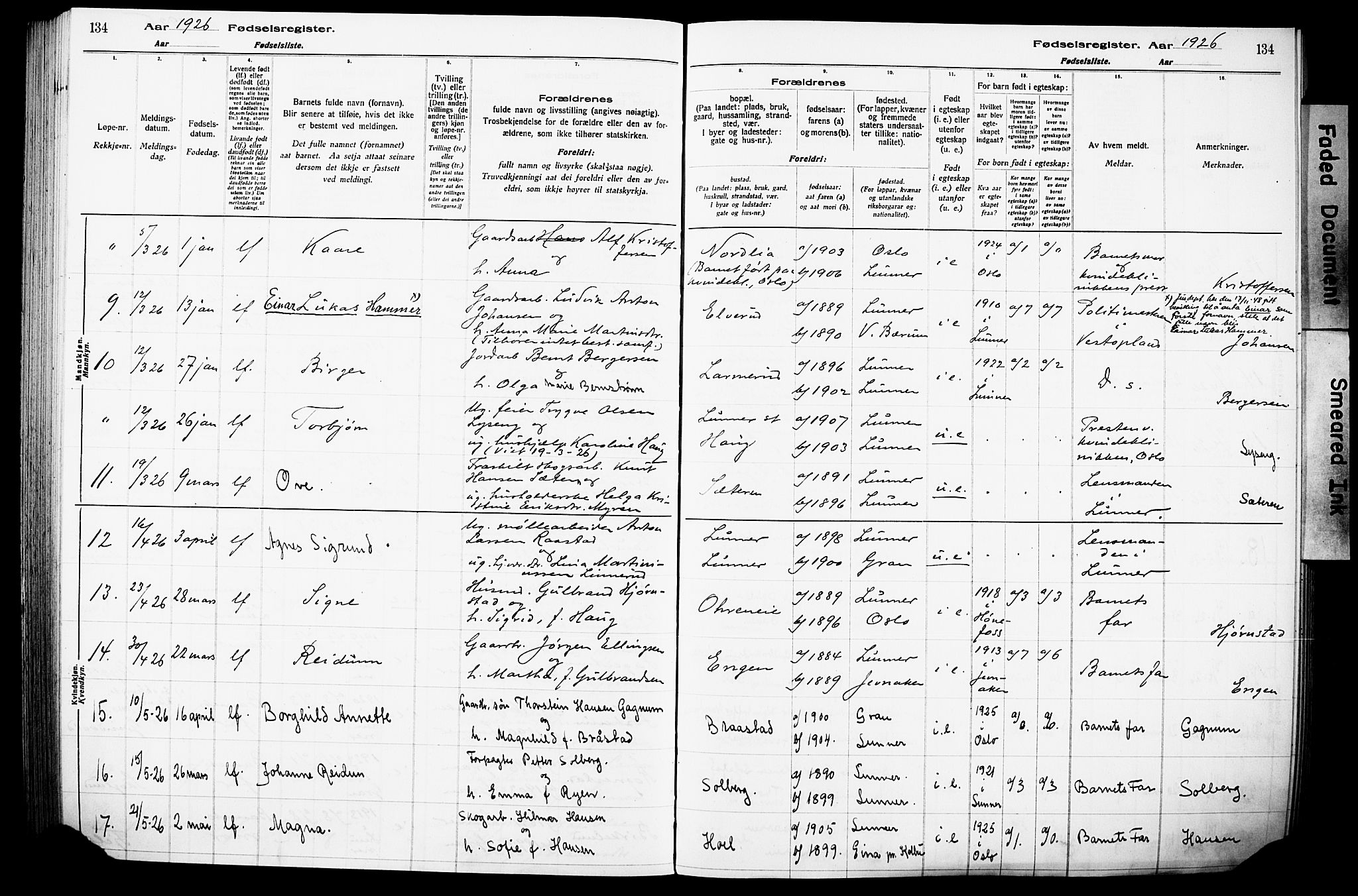 Lunner prestekontor, AV/SAH-PREST-118/I/Id/L0001: Birth register no. 1, 1916-1932, p. 134