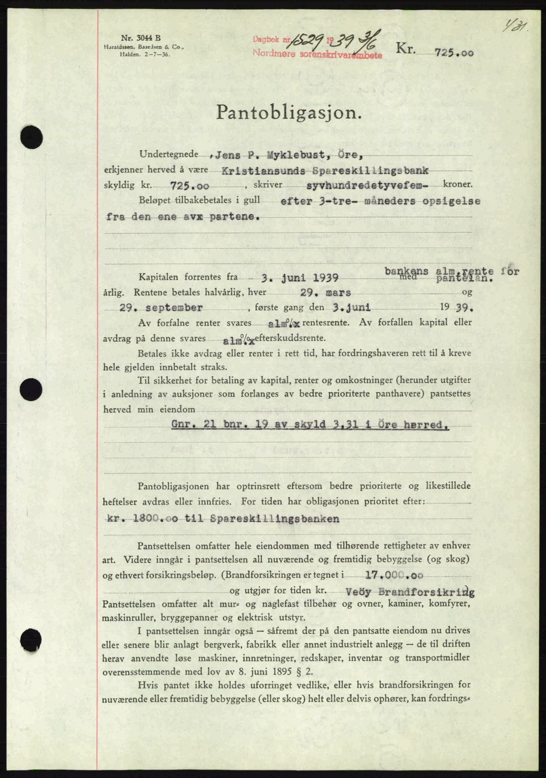 Nordmøre sorenskriveri, AV/SAT-A-4132/1/2/2Ca: Mortgage book no. B85, 1939-1939, Diary no: : 1529/1939