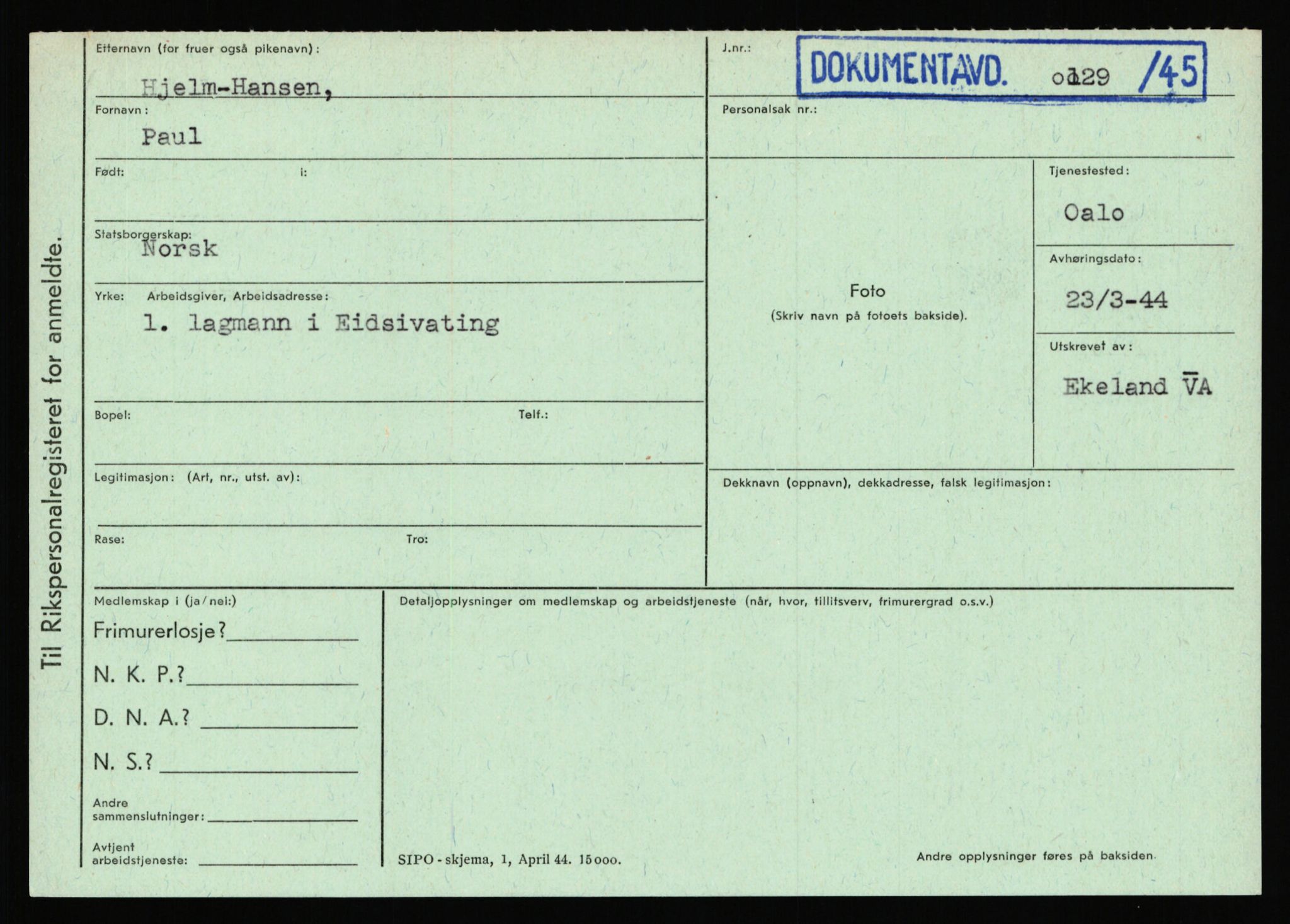 Statspolitiet - Hovedkontoret / Osloavdelingen, AV/RA-S-1329/C/Ca/L0006: Hanche - Hokstvedt, 1943-1945, p. 4399