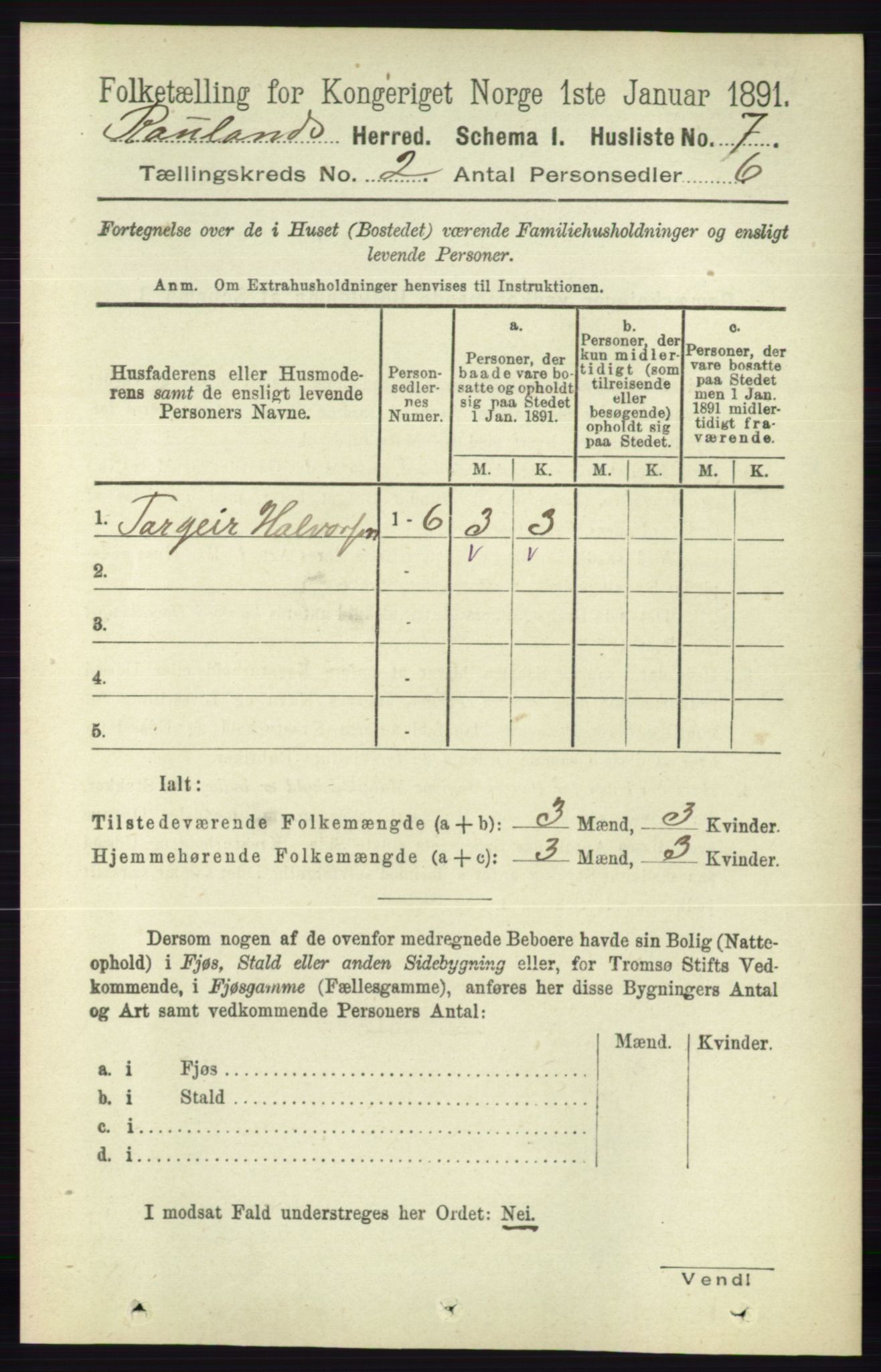 RA, 1891 census for 0835 Rauland, 1891, p. 188