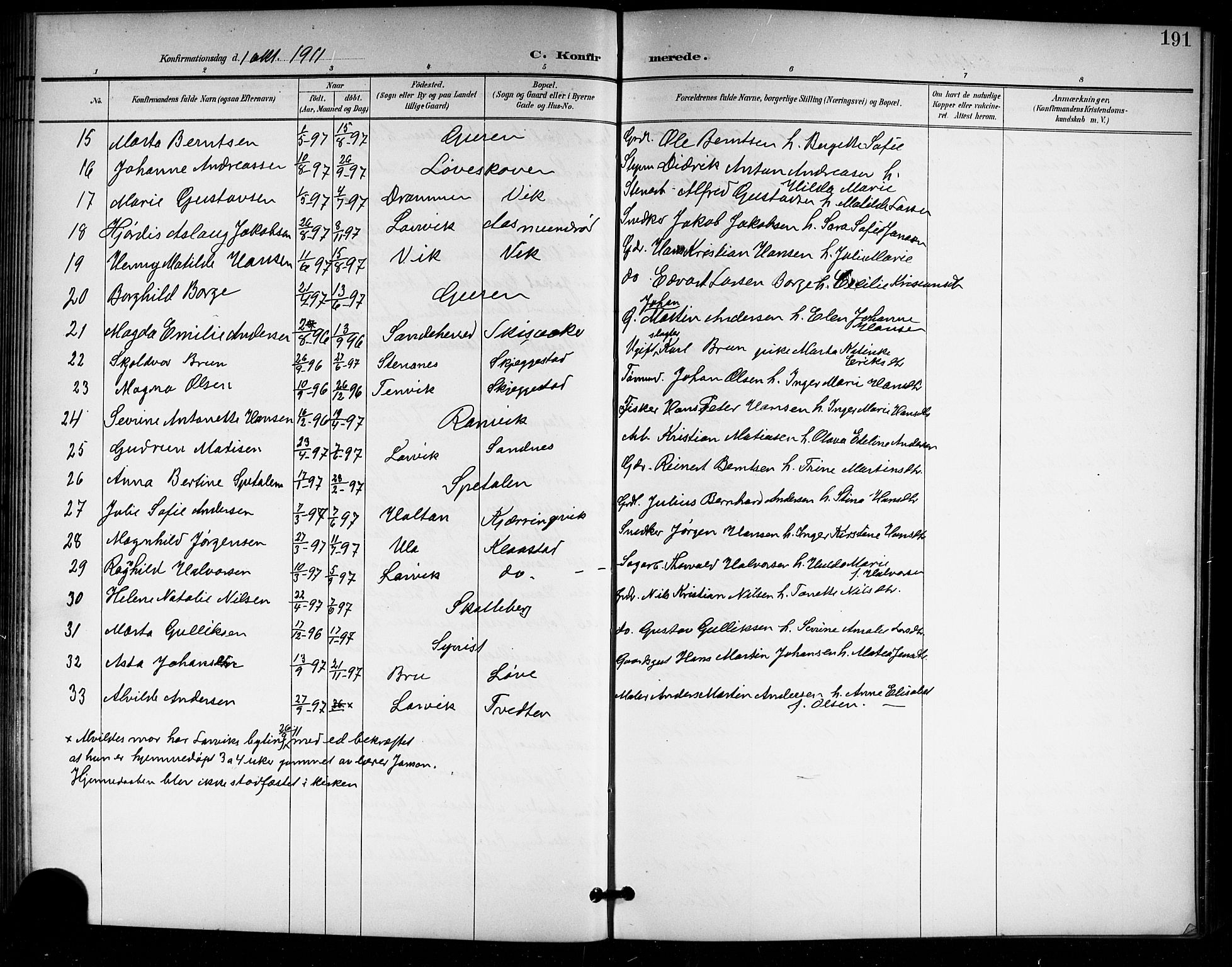 Tjølling kirkebøker, AV/SAKO-A-60/G/Ga/L0002: Parish register (copy) no. 2, 1895-1918, p. 191