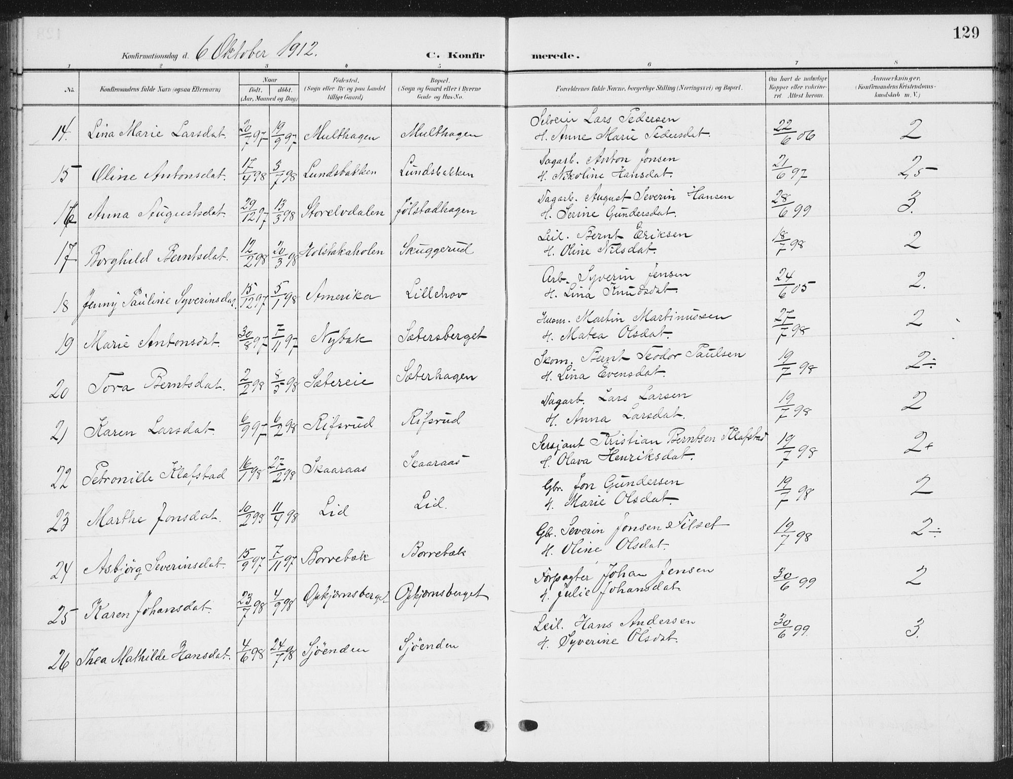 Romedal prestekontor, AV/SAH-PREST-004/K/L0009: Parish register (official) no. 9, 1906-1929, p. 129