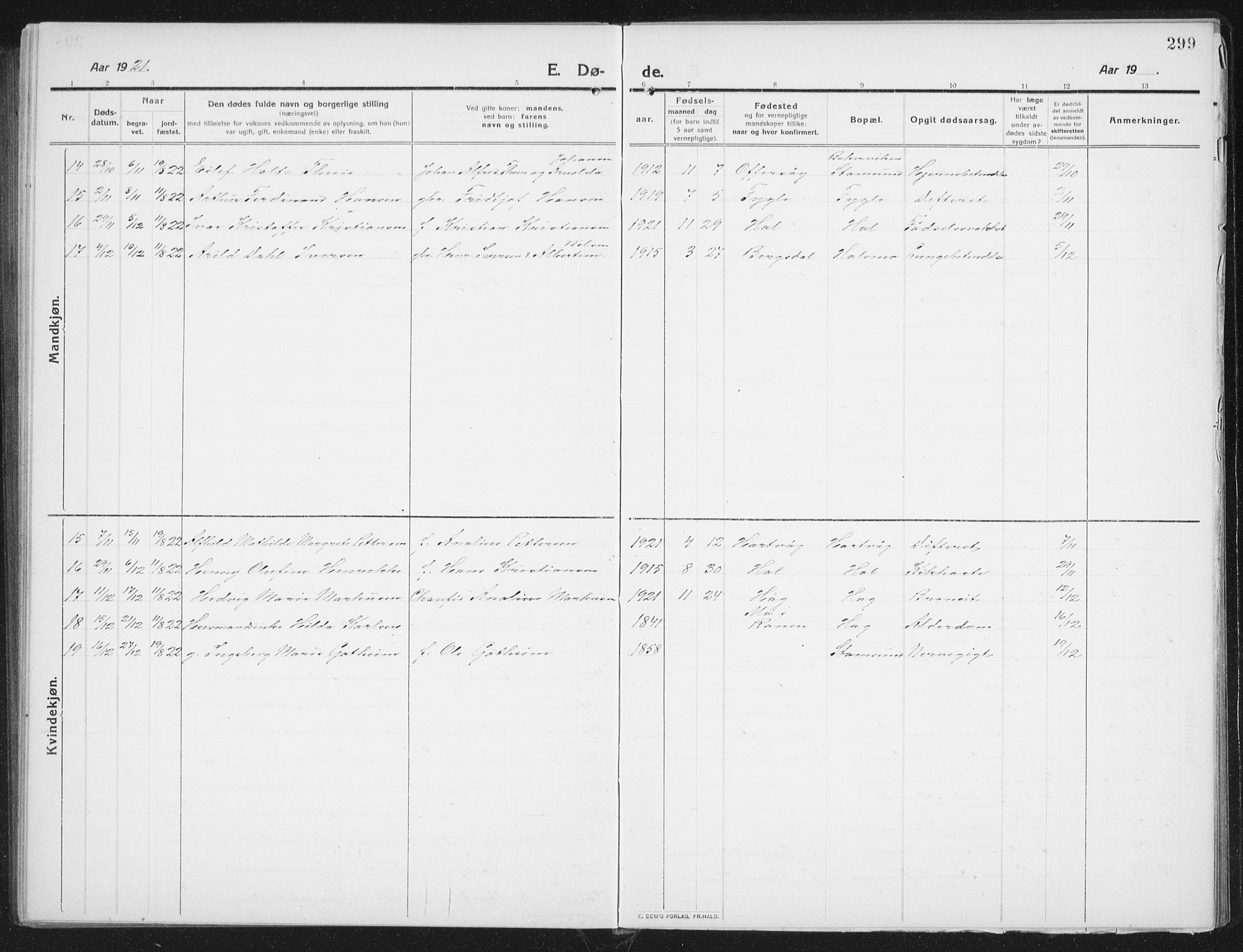 Ministerialprotokoller, klokkerbøker og fødselsregistre - Nordland, AV/SAT-A-1459/882/L1183: Parish register (copy) no. 882C01, 1911-1938, p. 299