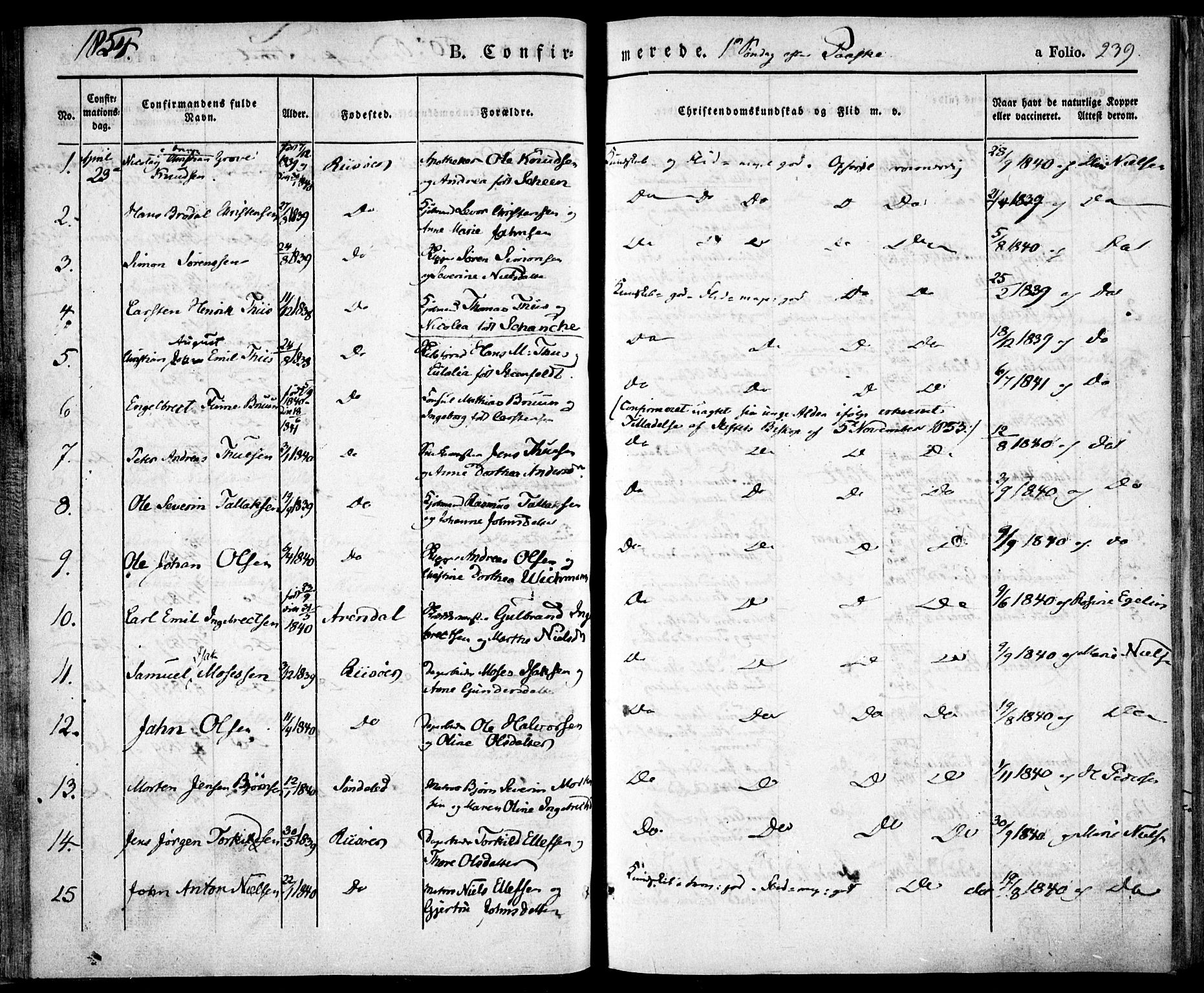 Risør sokneprestkontor, SAK/1111-0035/F/Fa/L0003: Parish register (official) no. A 3, 1838-1864, p. 239