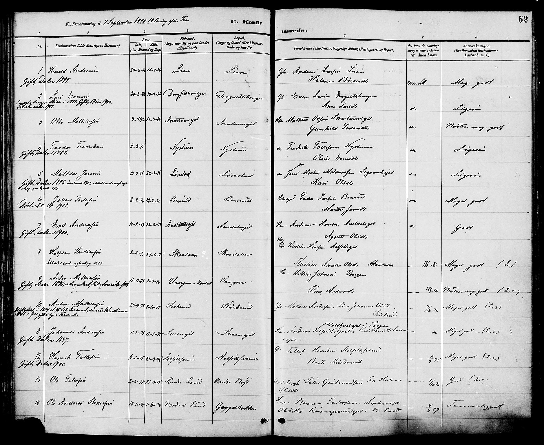 Biri prestekontor, SAH/PREST-096/H/Ha/Haa/L0007: Parish register (official) no. 7, 1887-1893, p. 52