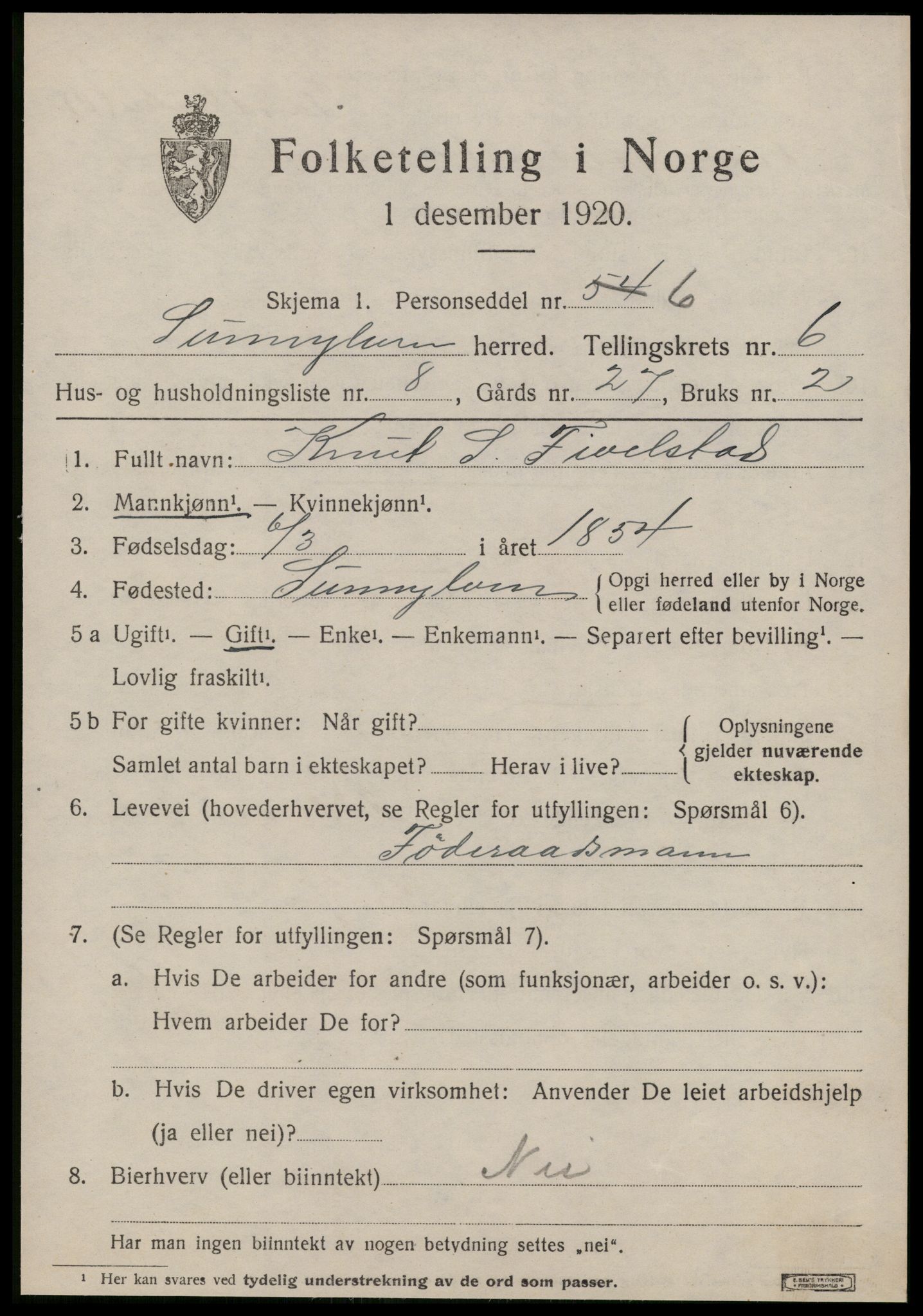 SAT, 1920 census for Sunnylven, 1920, p. 2532