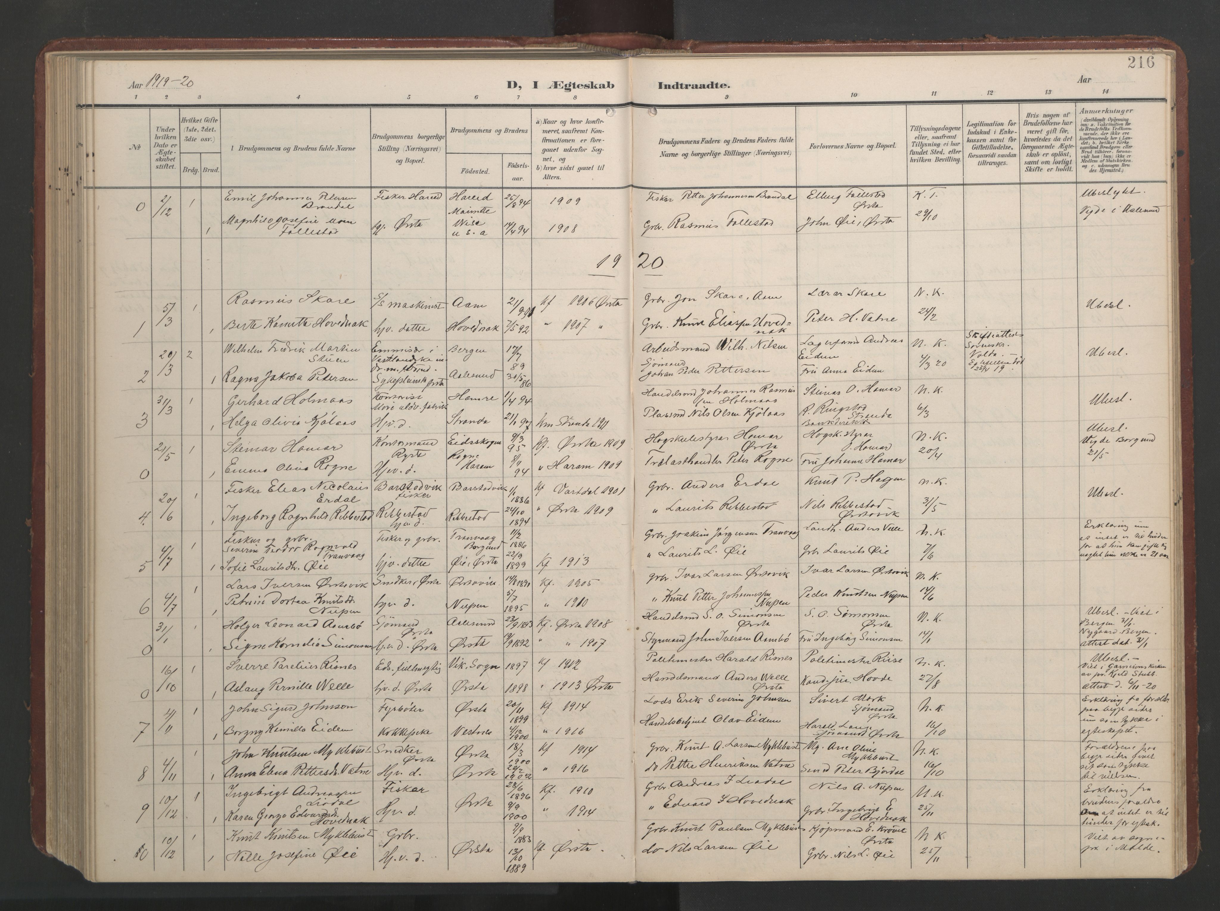 Ministerialprotokoller, klokkerbøker og fødselsregistre - Møre og Romsdal, AV/SAT-A-1454/513/L0190: Parish register (copy) no. 513C04, 1904-1926, p. 216