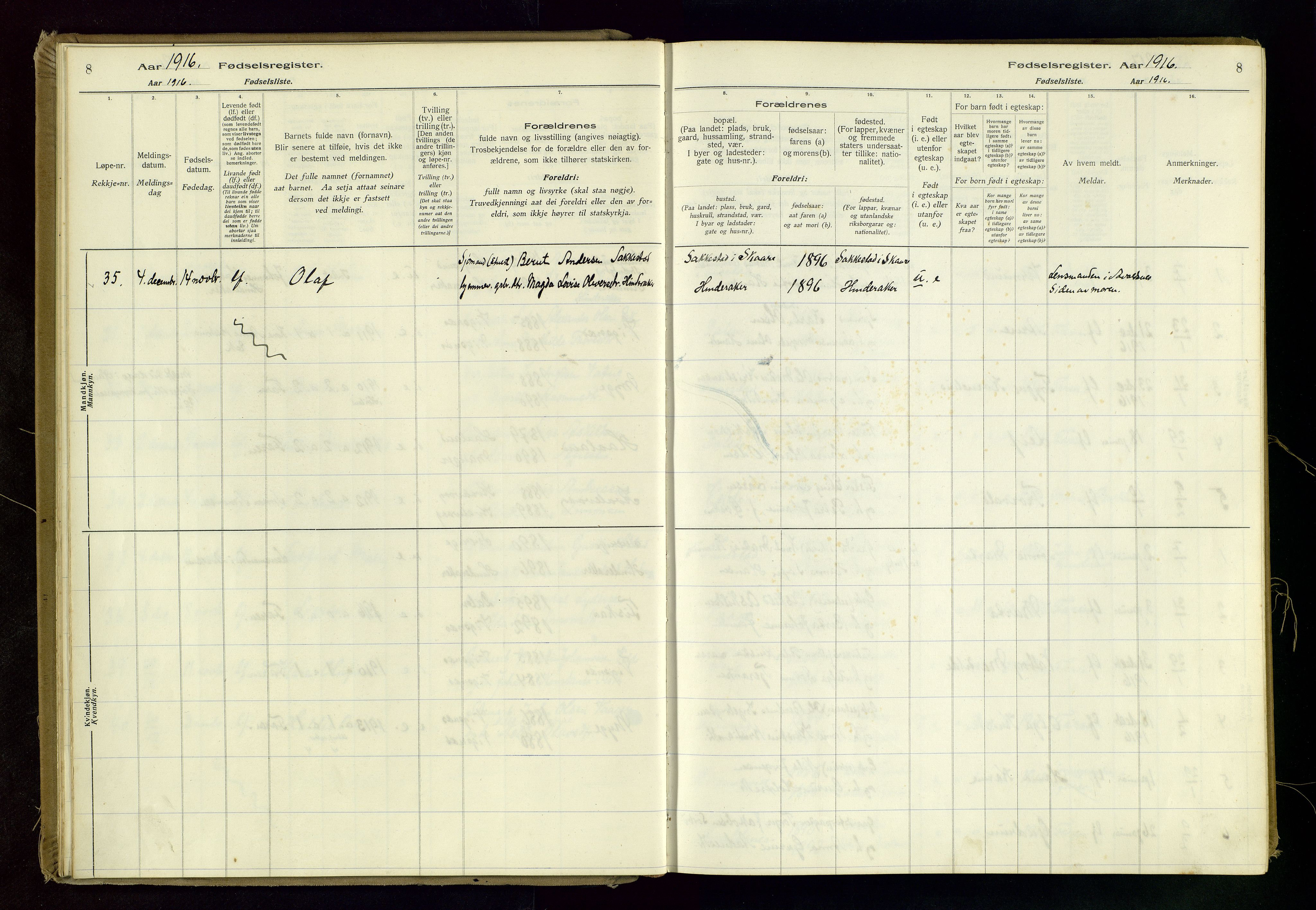 Avaldsnes sokneprestkontor, AV/SAST-A -101851/I/Id/L0001: Birth register no. 1, 1916-1946, p. 8