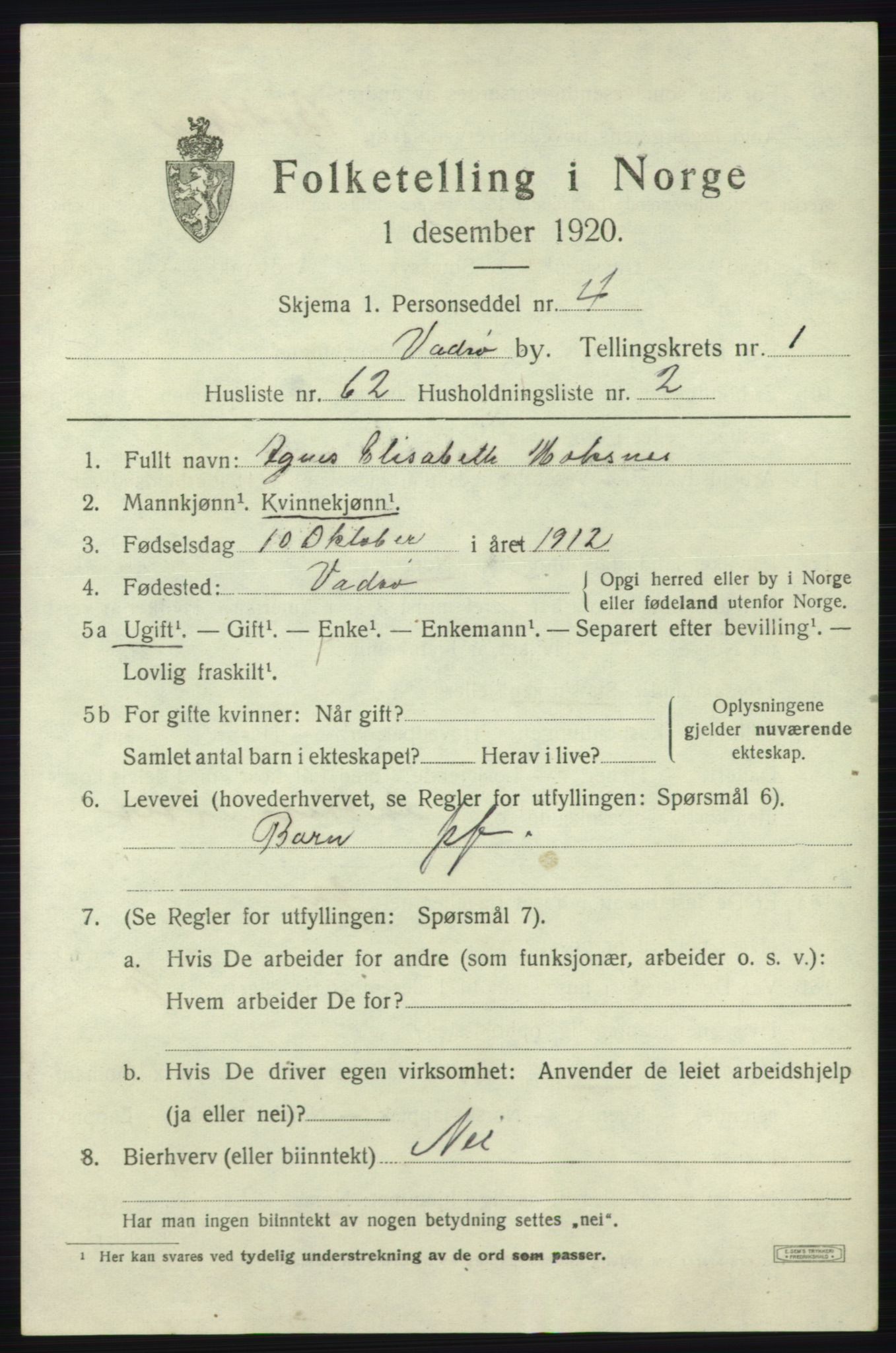 SATØ, 1920 census for Vadsø, 1920, p. 2239