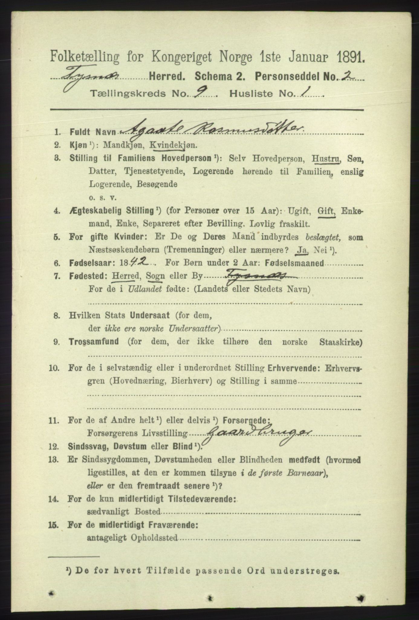 RA, 1891 census for 1223 Tysnes, 1891, p. 4241