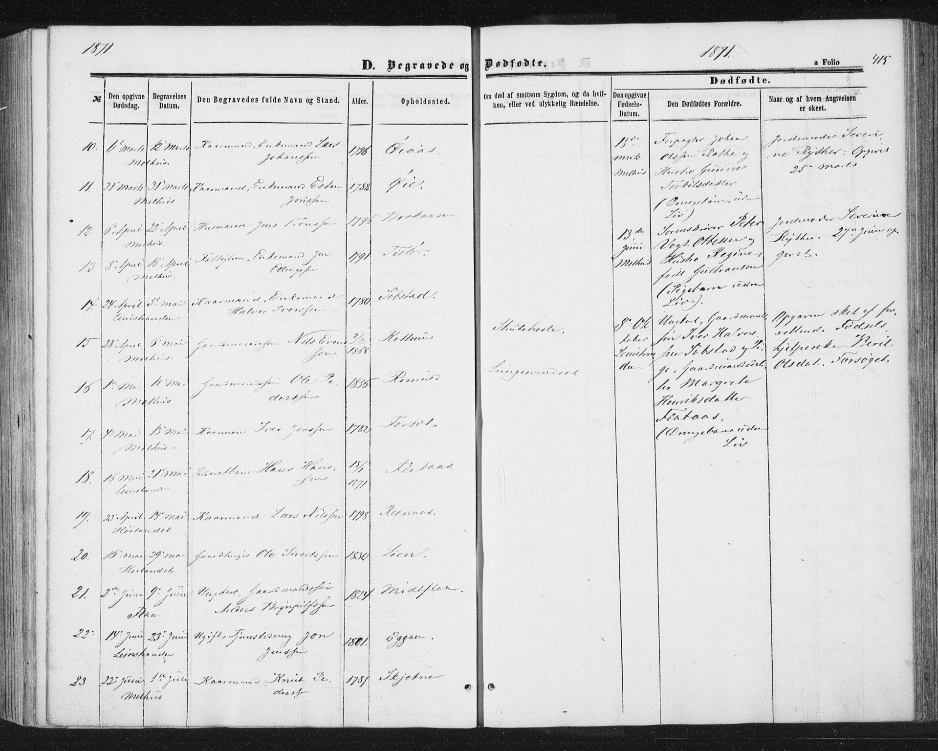 Ministerialprotokoller, klokkerbøker og fødselsregistre - Sør-Trøndelag, AV/SAT-A-1456/691/L1077: Parish register (official) no. 691A09, 1862-1873, p. 415