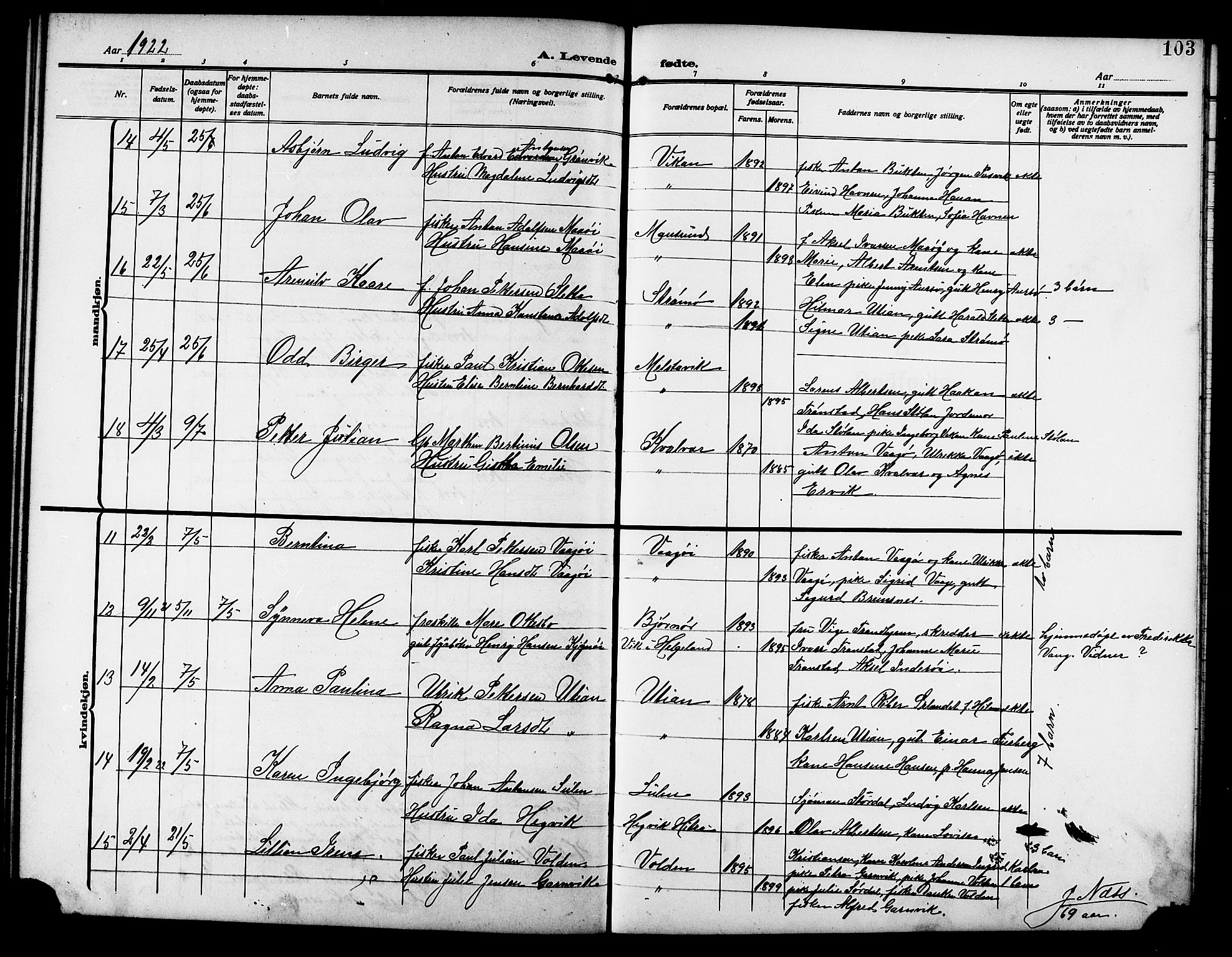Ministerialprotokoller, klokkerbøker og fødselsregistre - Sør-Trøndelag, SAT/A-1456/640/L0588: Parish register (copy) no. 640C05, 1909-1922, p. 103