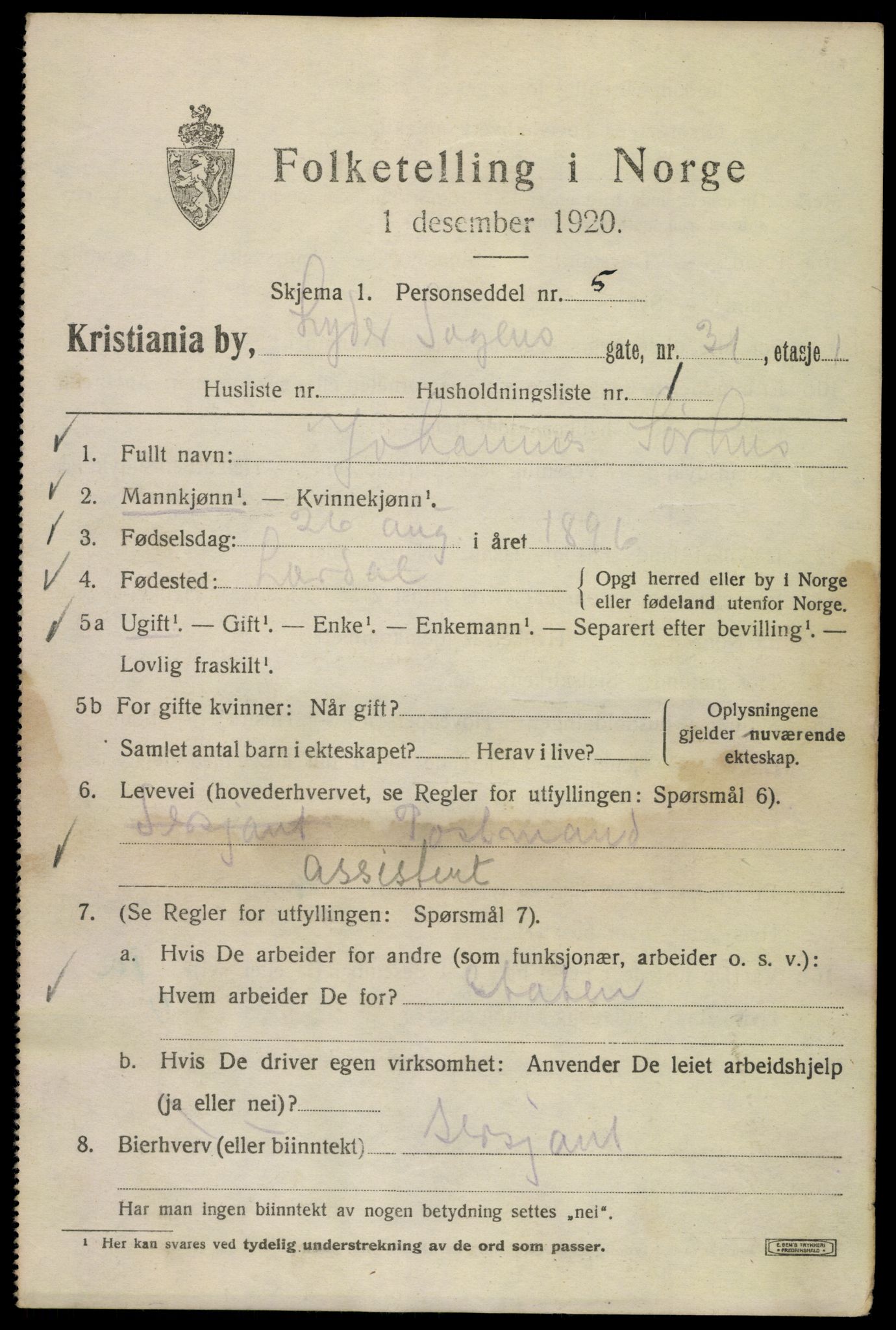 SAO, 1920 census for Kristiania, 1920, p. 366917