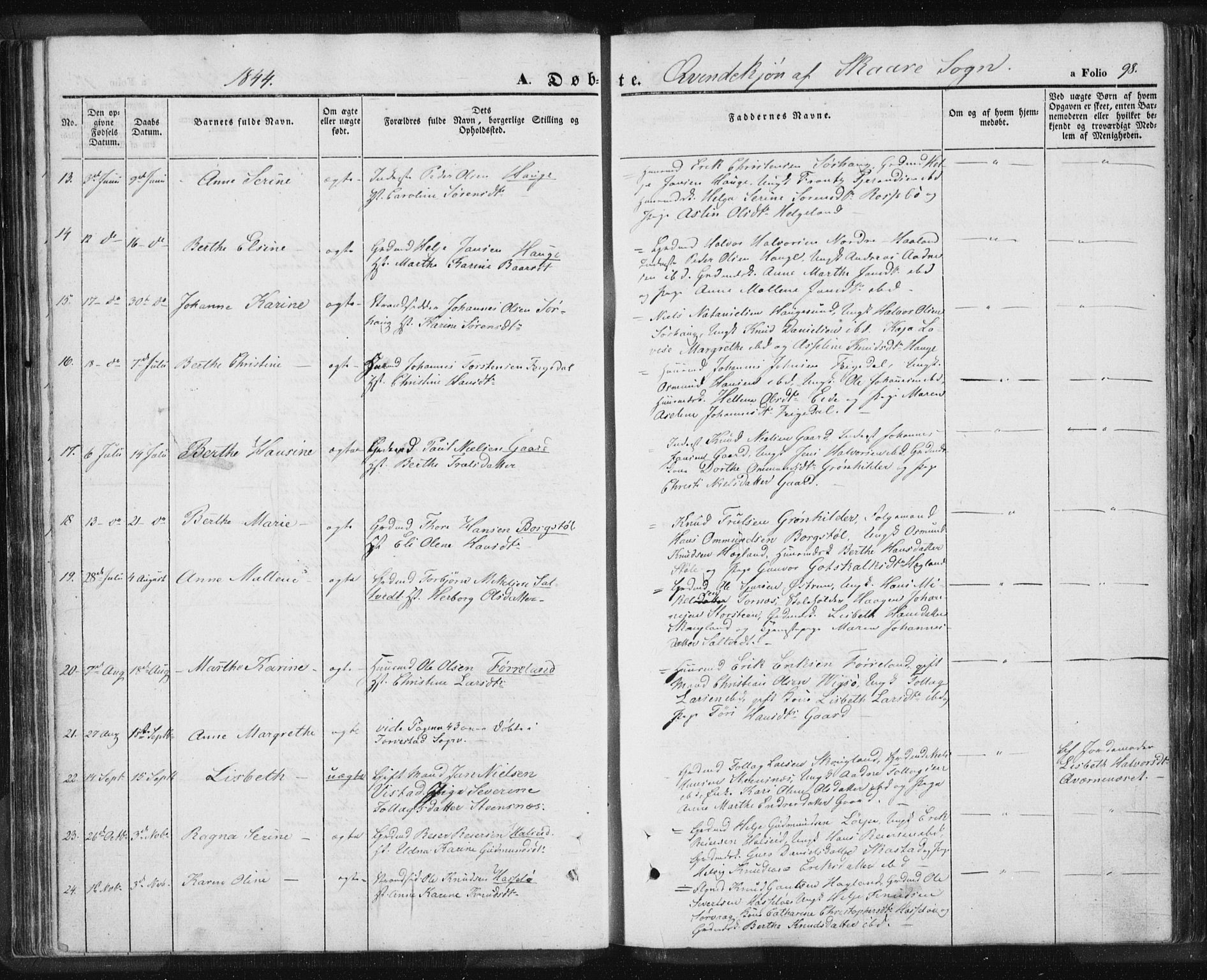 Torvastad sokneprestkontor, SAST/A -101857/H/Ha/Haa/L0006: Parish register (official) no. A 6, 1836-1847, p. 98