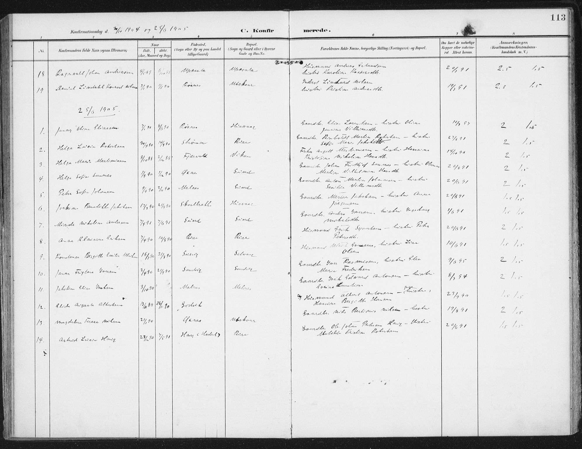 Ministerialprotokoller, klokkerbøker og fødselsregistre - Nordland, SAT/A-1459/892/L1321: Parish register (official) no. 892A02, 1902-1918, p. 113