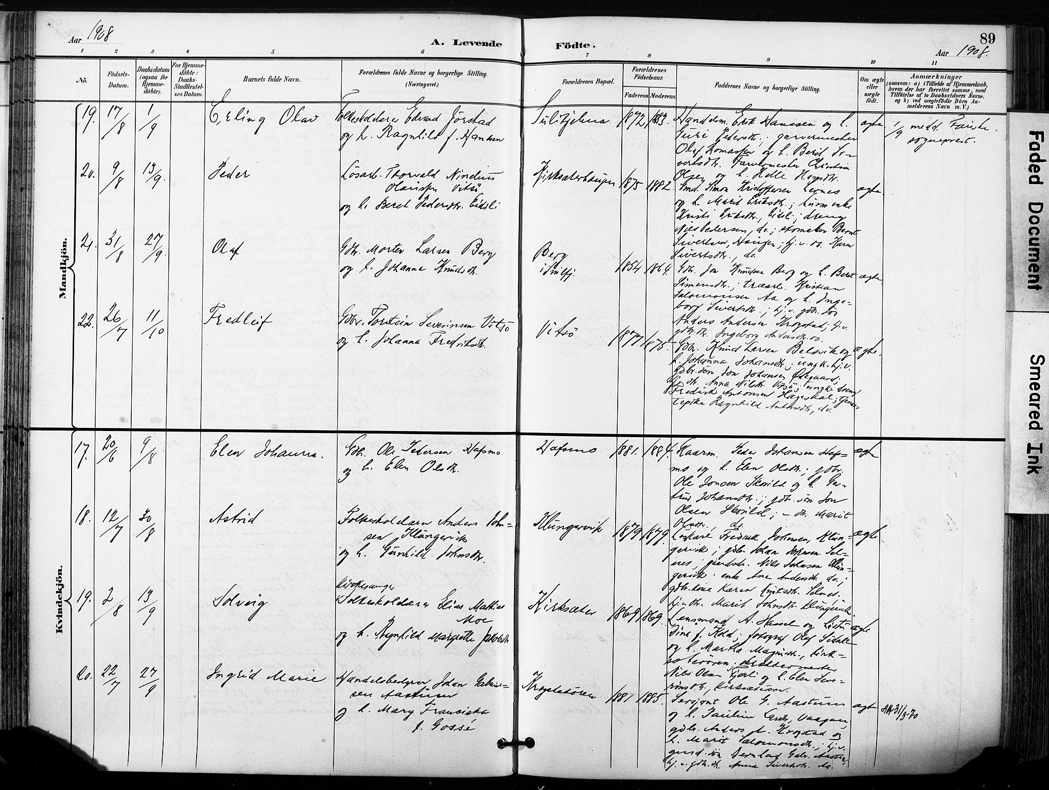 Ministerialprotokoller, klokkerbøker og fødselsregistre - Sør-Trøndelag, AV/SAT-A-1456/630/L0497: Parish register (official) no. 630A10, 1896-1910, p. 89