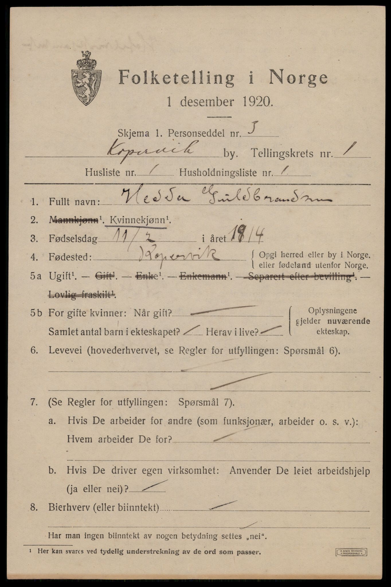 SAST, 1920 census for Kopervik, 1920, p. 1392